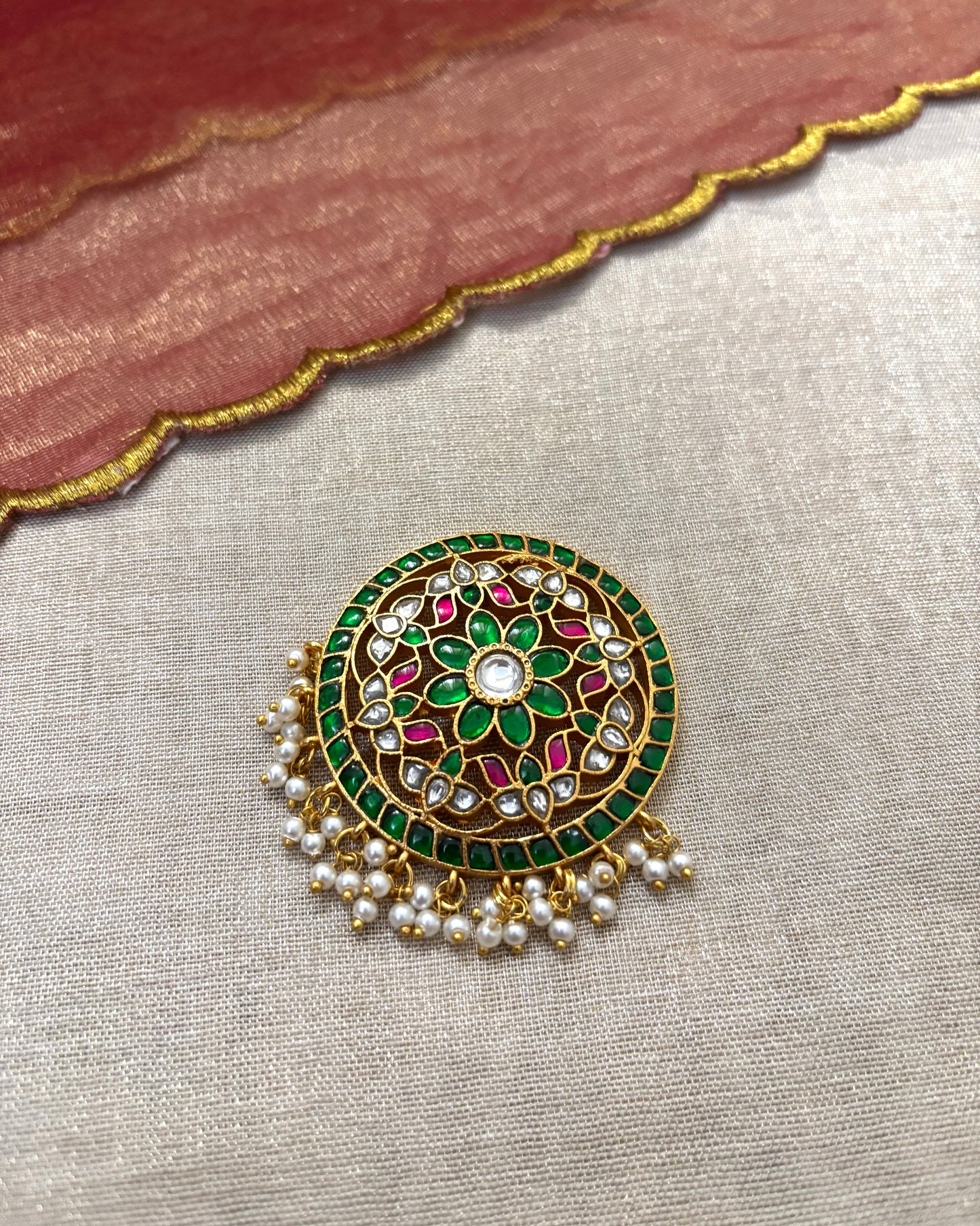 Green Ruby Round Jadau Pendant with Pearls | Gold-Plated Traditional Jewelry | HA021
