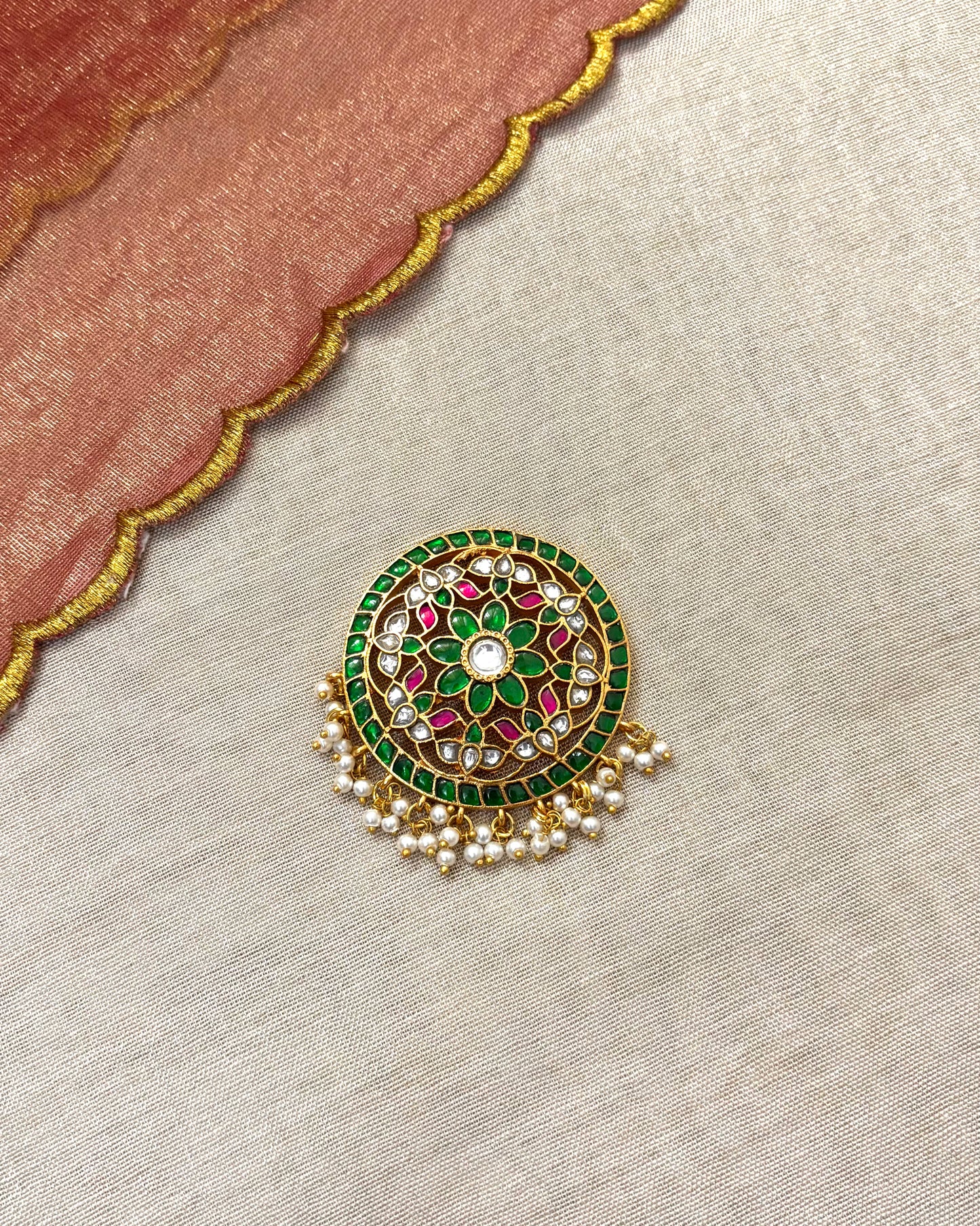 Green Ruby Round Jadau Pendant with Pearls | Gold-Plated Traditional Jewelry | HA021