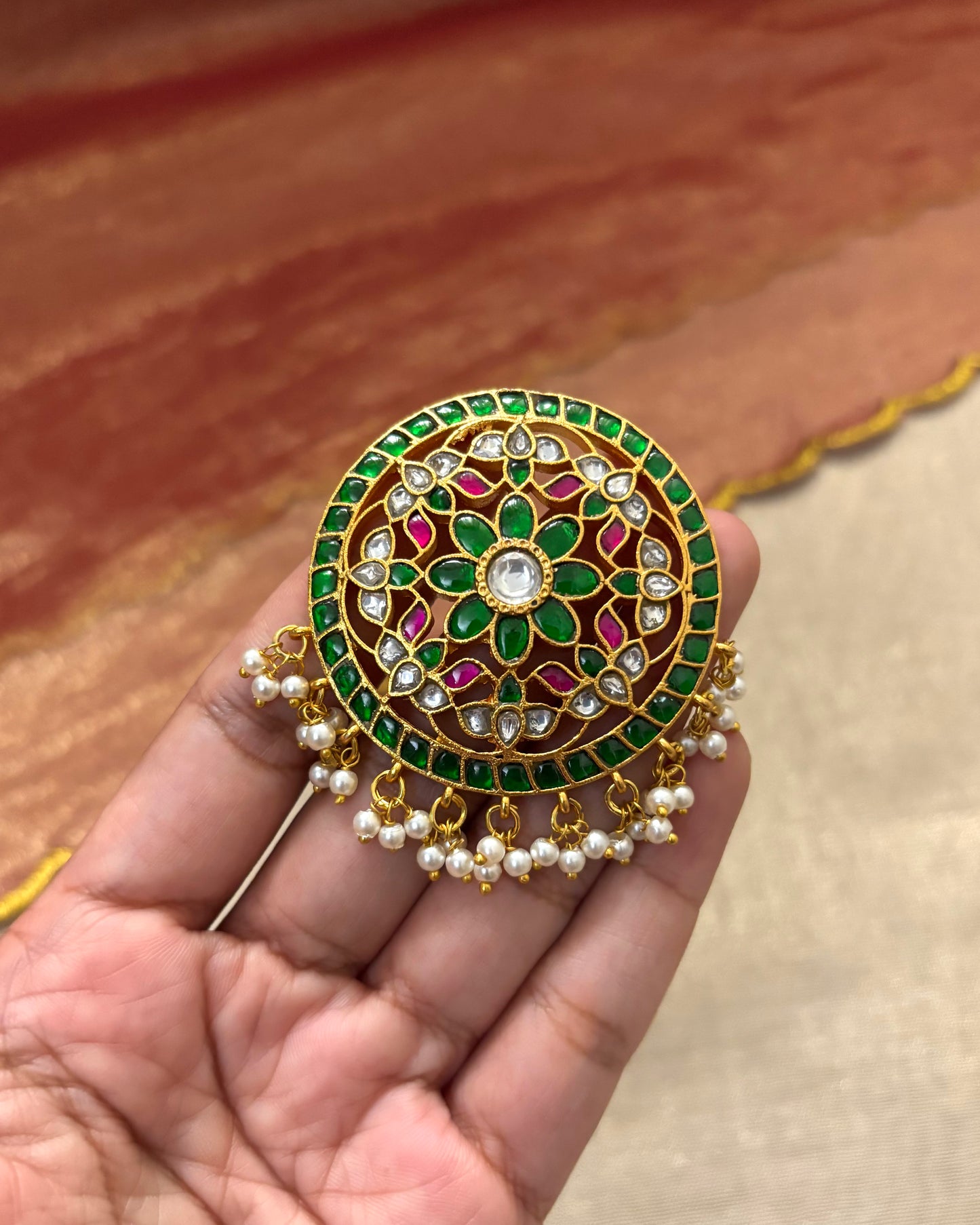 Green Ruby Round Jadau Pendant with Pearls | Gold-Plated Traditional Jewelry | HA021