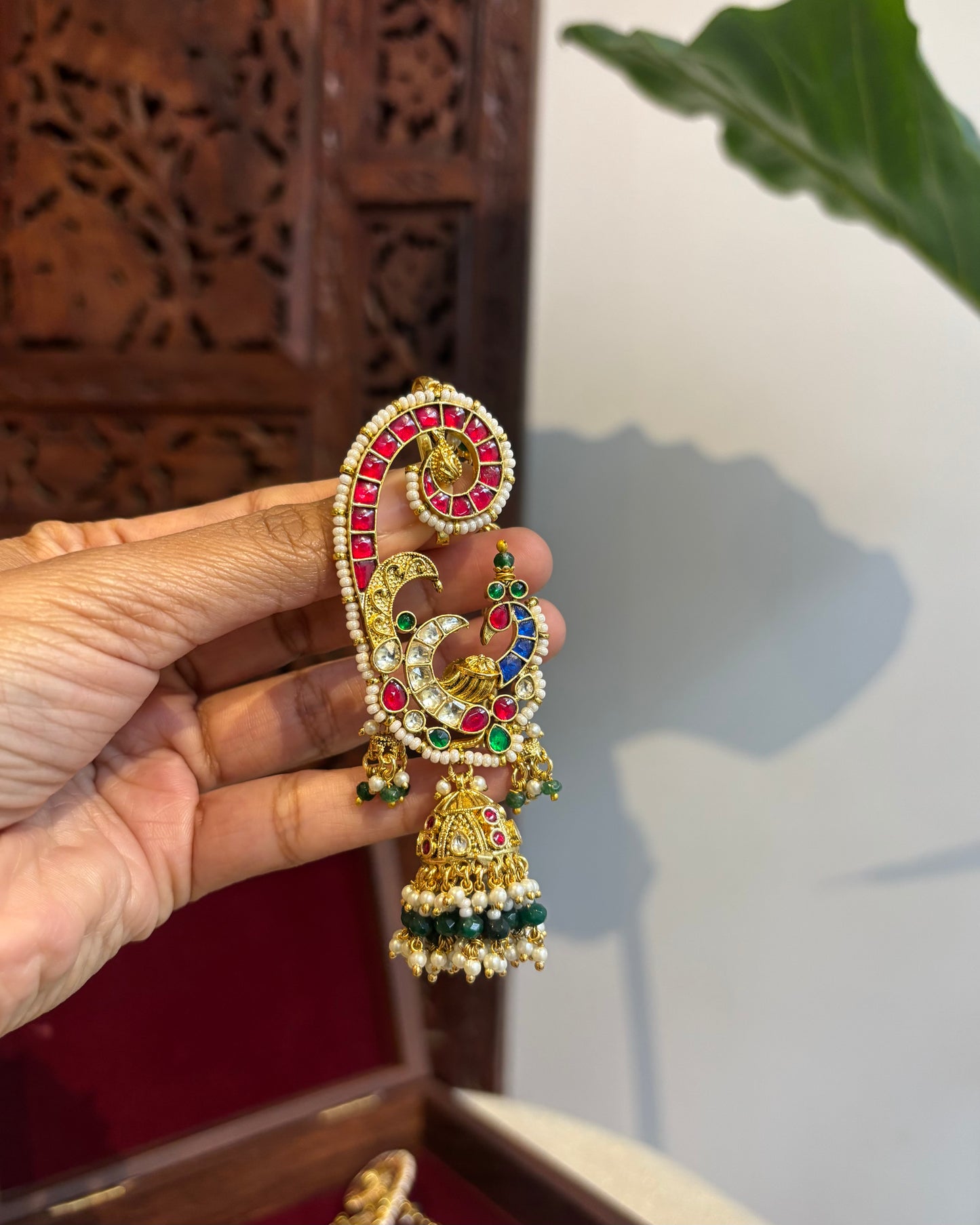 Regal Peacock Ear Cuff Jhumkas – Intricate Kundan Design | ER203