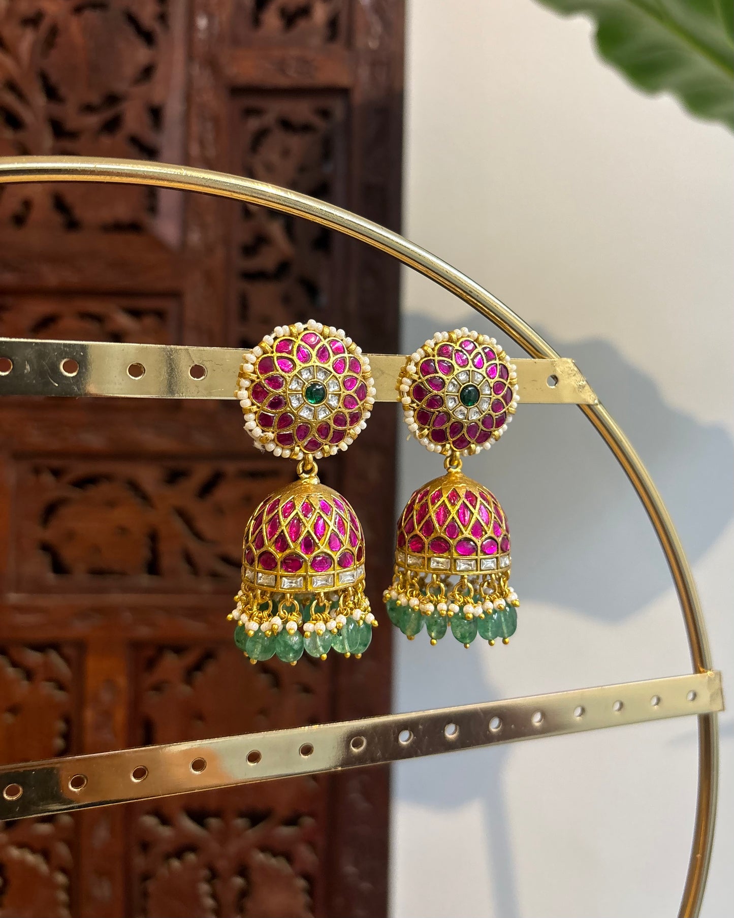 Multicolor Floral Jadau Kundan Jhumkas with Pearl Hangings | ER193