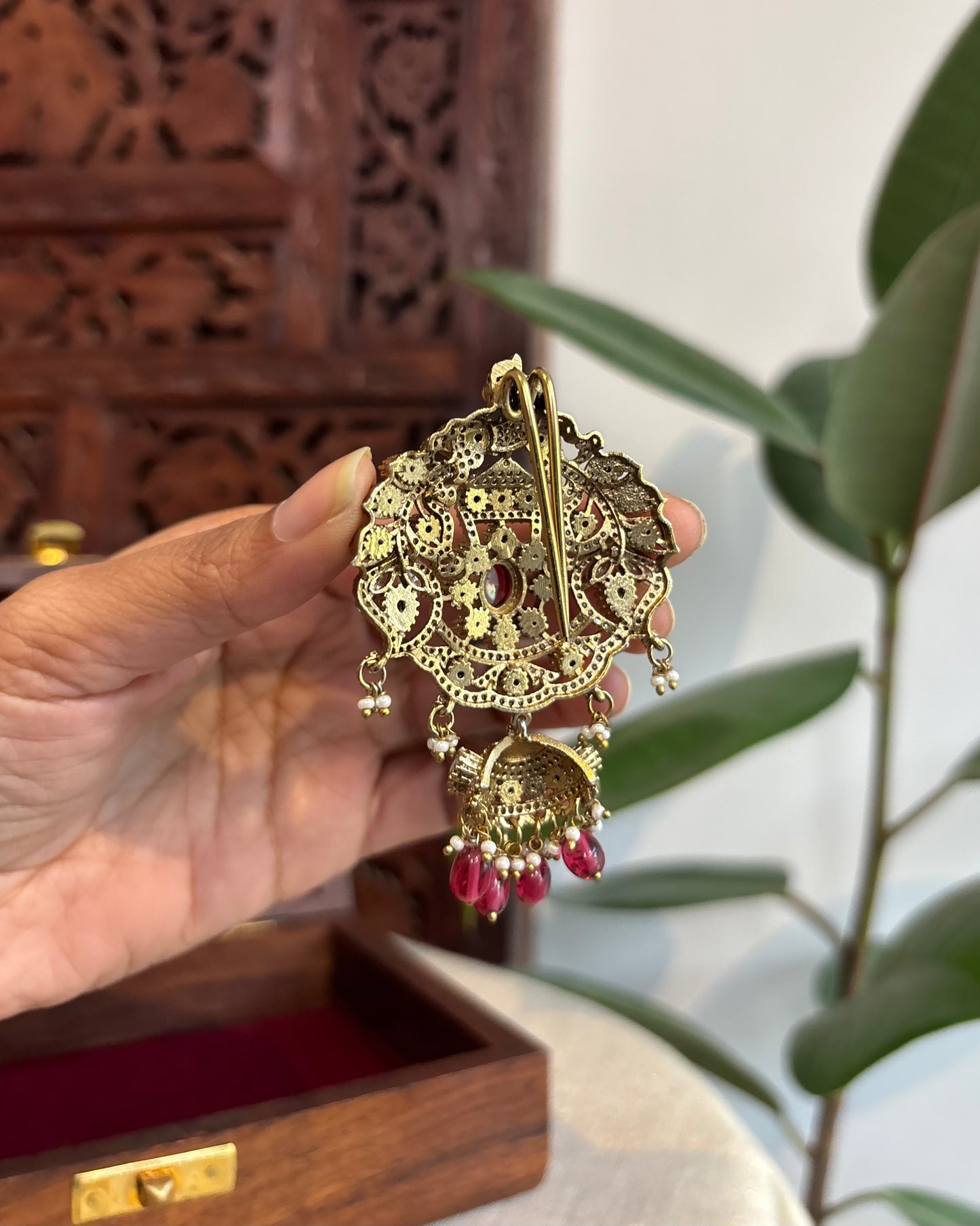 Victorian Hair Pendant with Ruby Beads & Accents – Antique Elegance | HA220