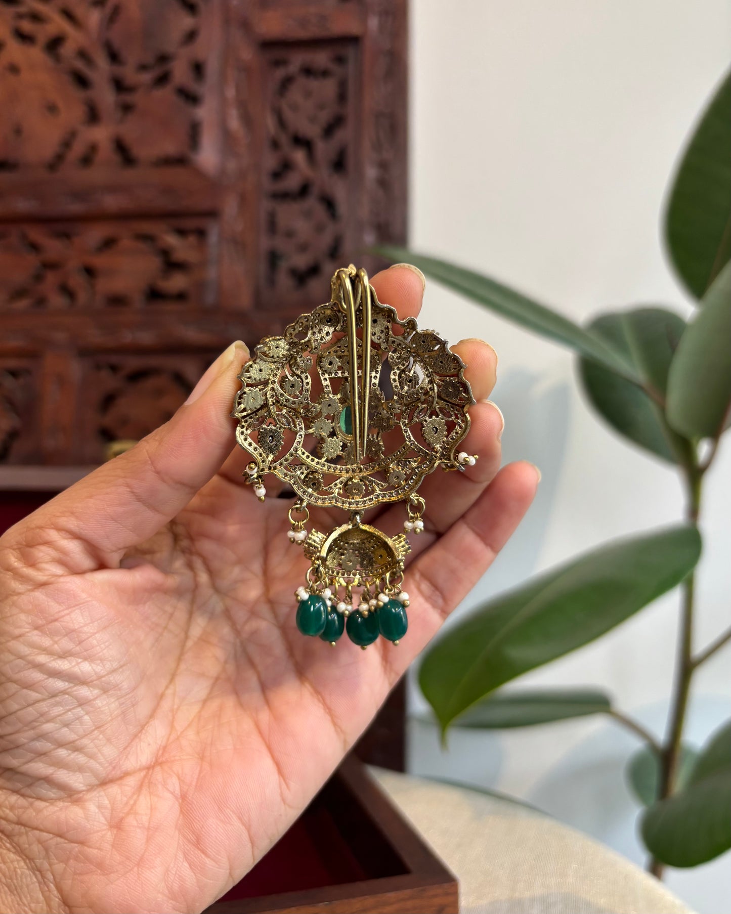 Victorian Hair Pendant with Green Beads & Accents – Antique Elegance | HA221