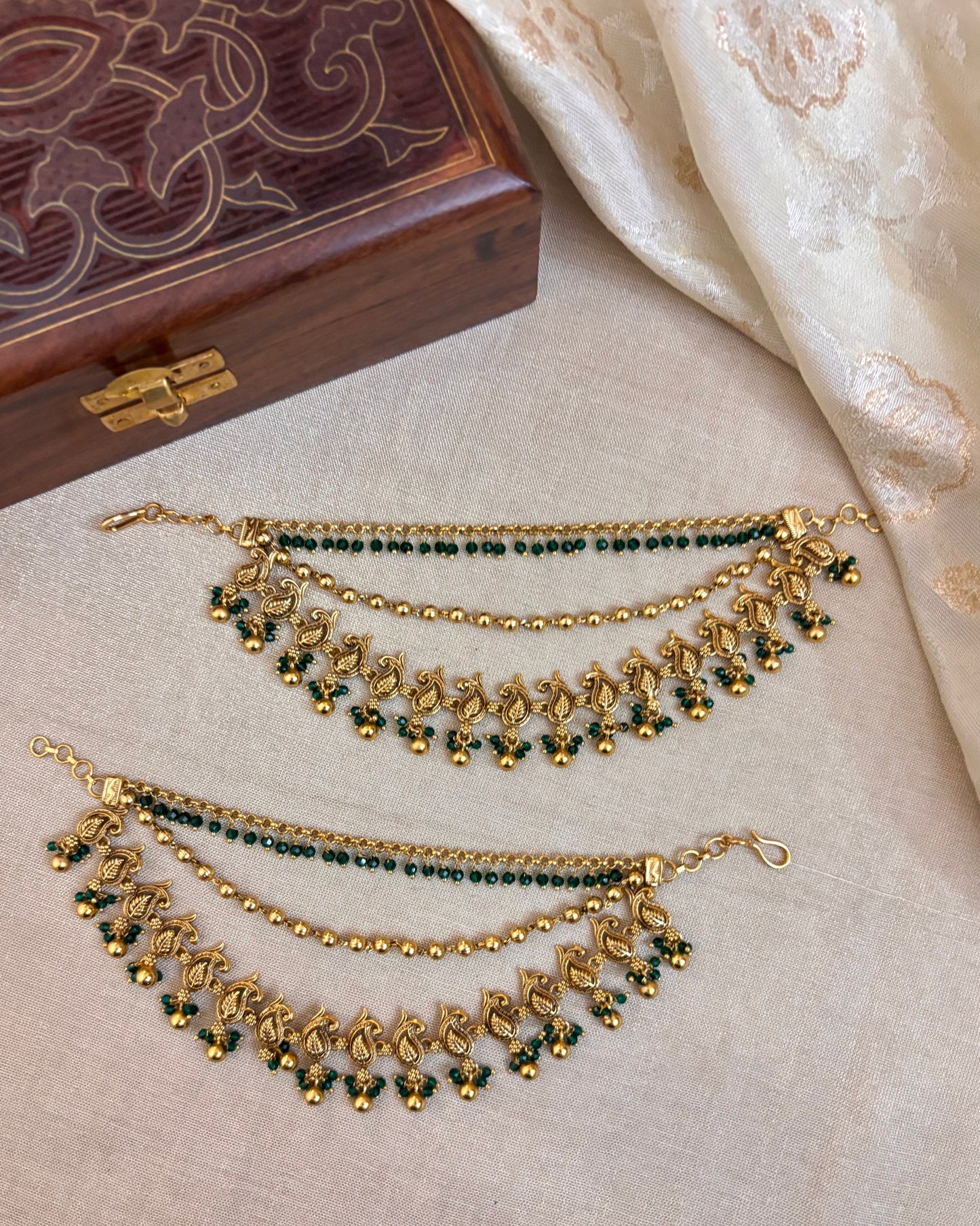 Three-Layer Antique Finish Mango Motif Bridal Ear Chain | EC060