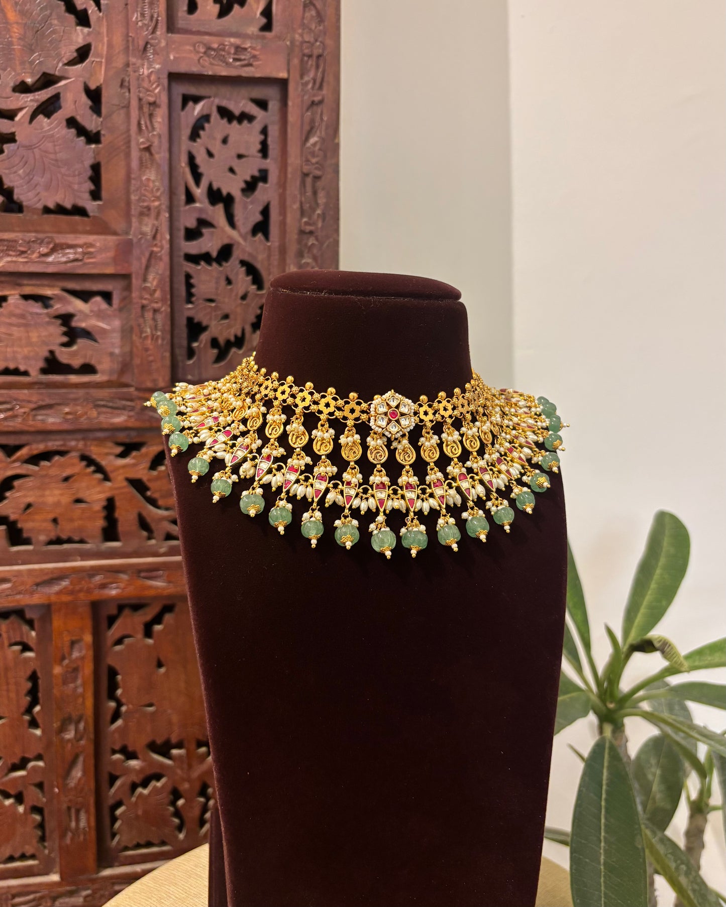 Contemporary Kundan Statement Necklace with Earrings | Gold Finish | NC549