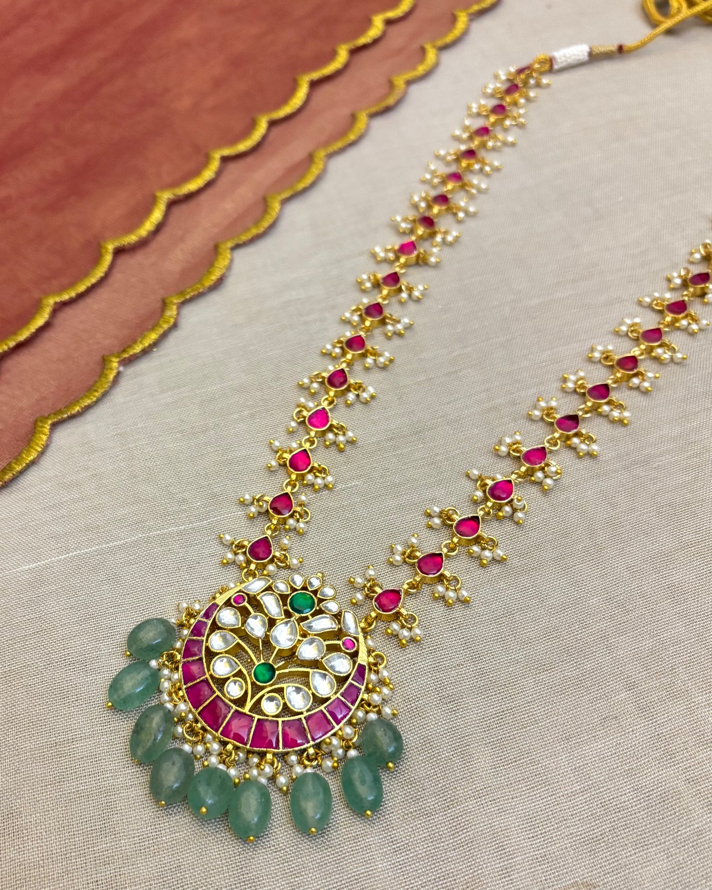 Jadau Kundan Gold-Plated Necklace with Floral Pendant & Tear-Drop Chain | NC029