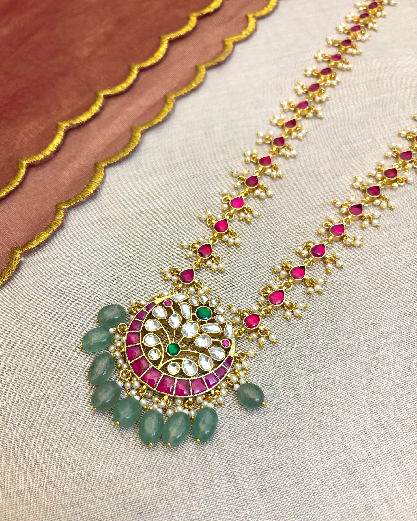 Jadau Kundan Gold-Plated Necklace with Floral Pendant & Tear-Drop Chain | NC029