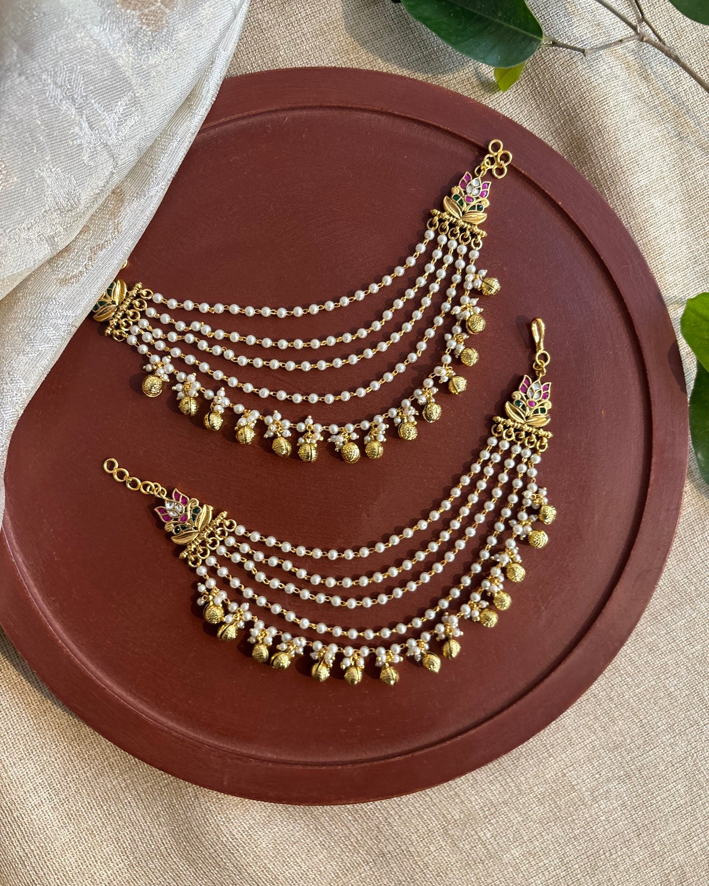 Gold Plated Triple Layered Jadau Kundan Pearl Ear Chain | EC108