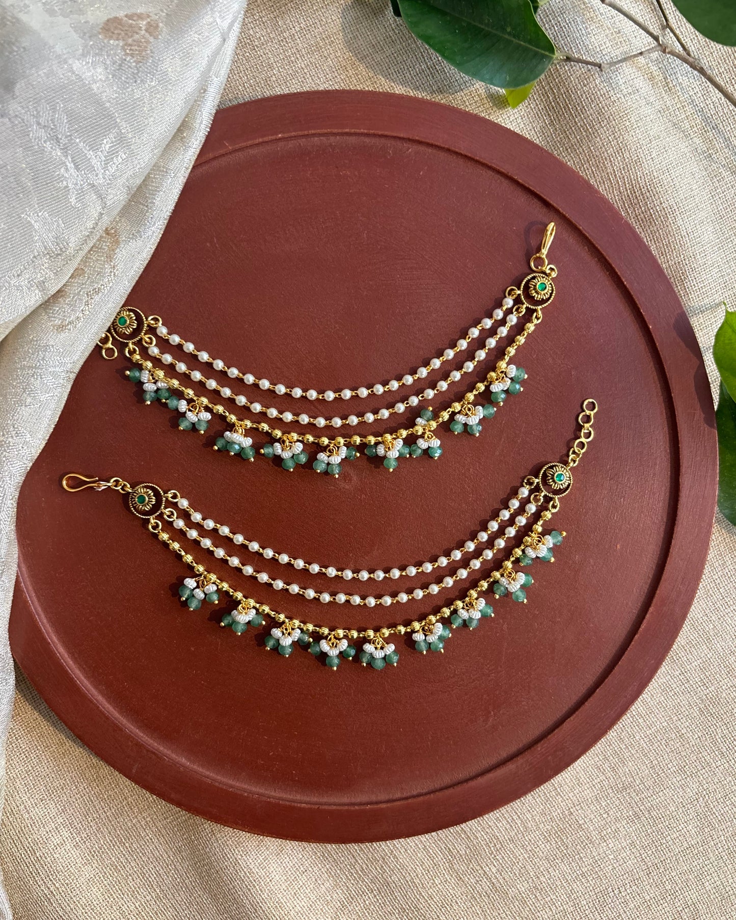 Minimal 3-Layer Pearl Kundan Ear Chain | Mint Green | EC109