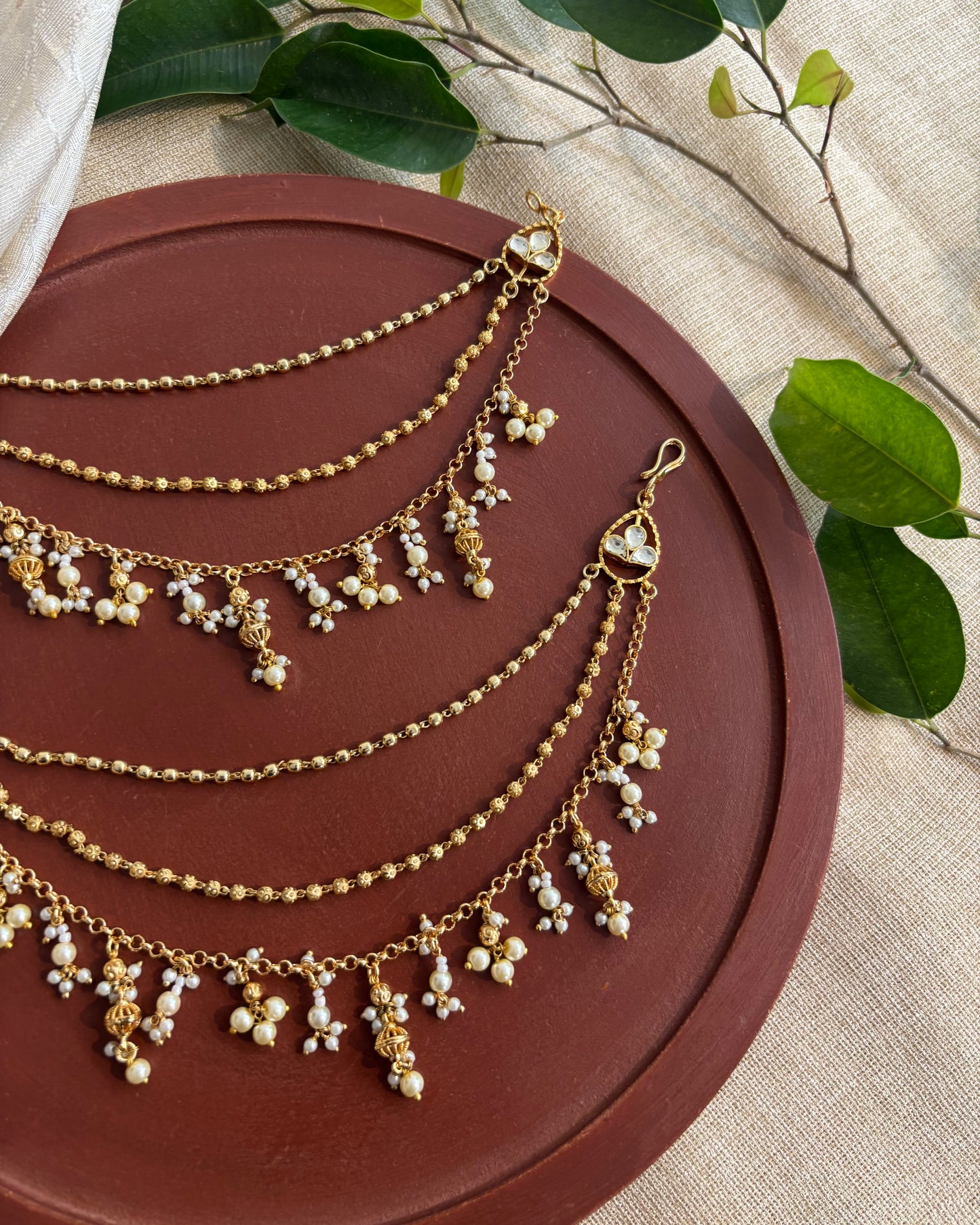 Bridal Jadau Kundan Three-Layer Ear Chain – Gold | EC112