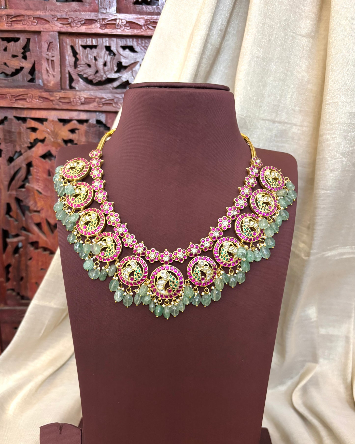 Handcrafted Peacock Bottumala – Gold-Plated Jadau Kundan Jewelry | NC105