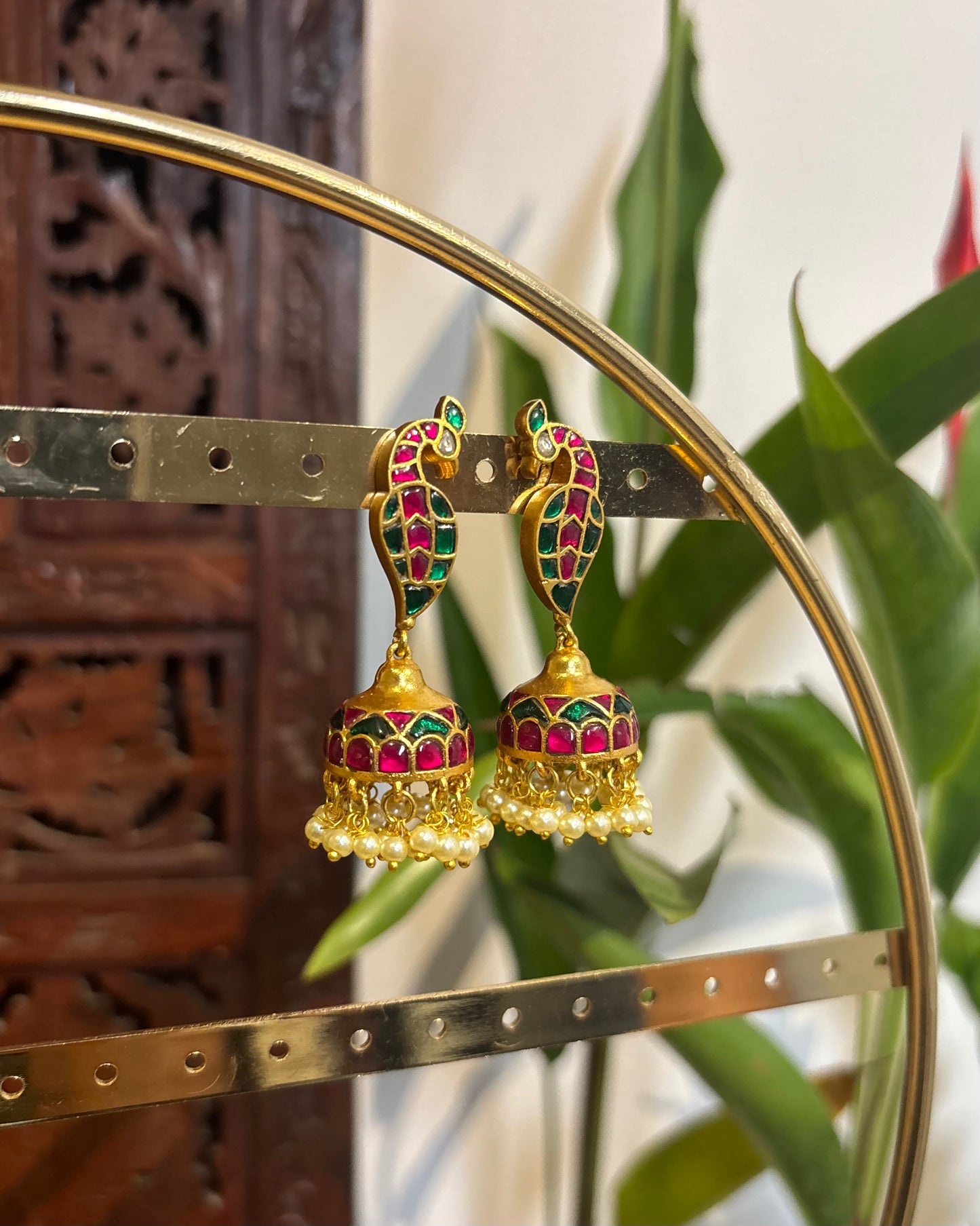 Parrot Minimal Multicolor Jadau Kundan Jhumkas with Pearl Hangings | ER149