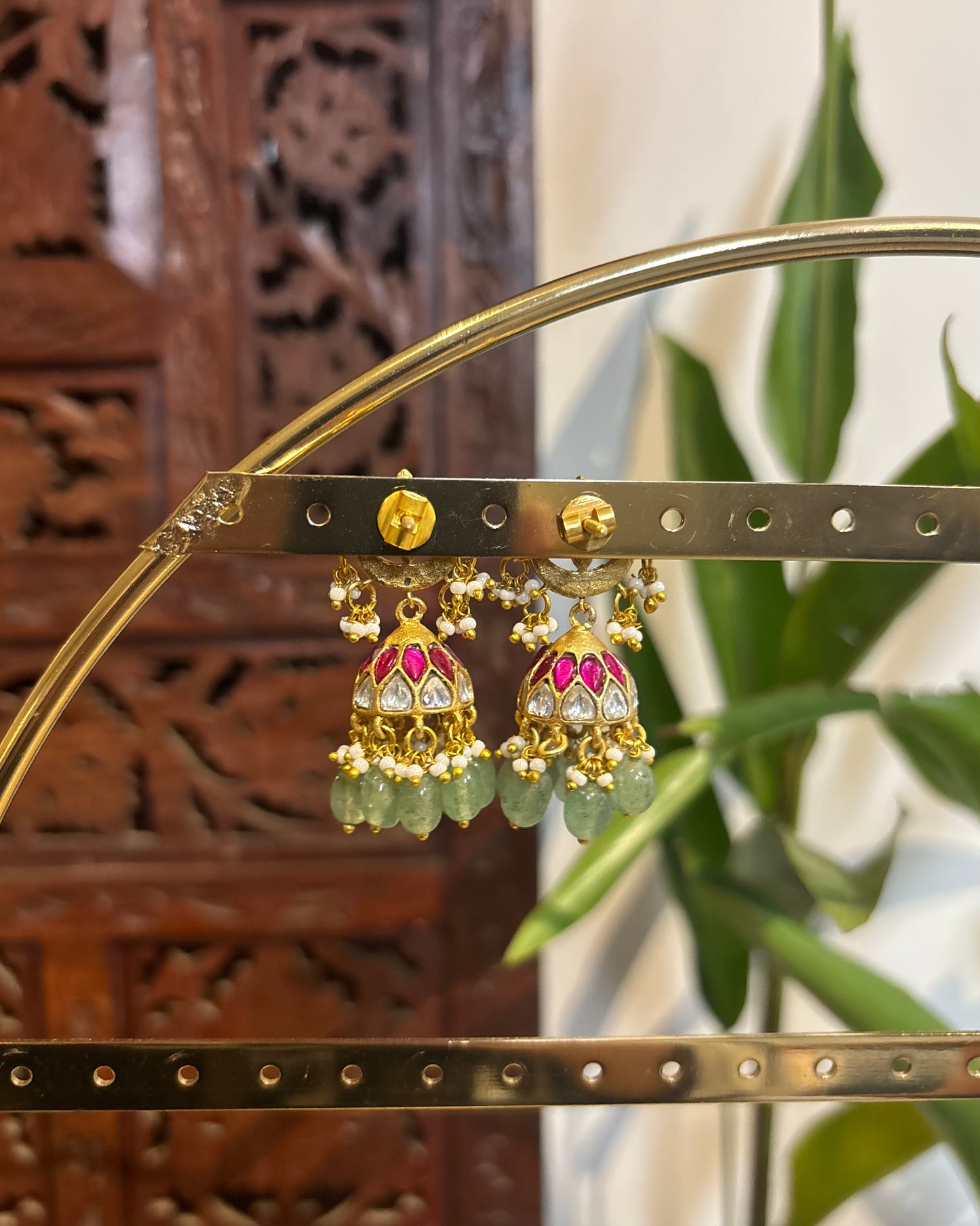 Floral Minimal Multicolor Jadau Kundan Jhumkas with Pearl Hangings | ER147