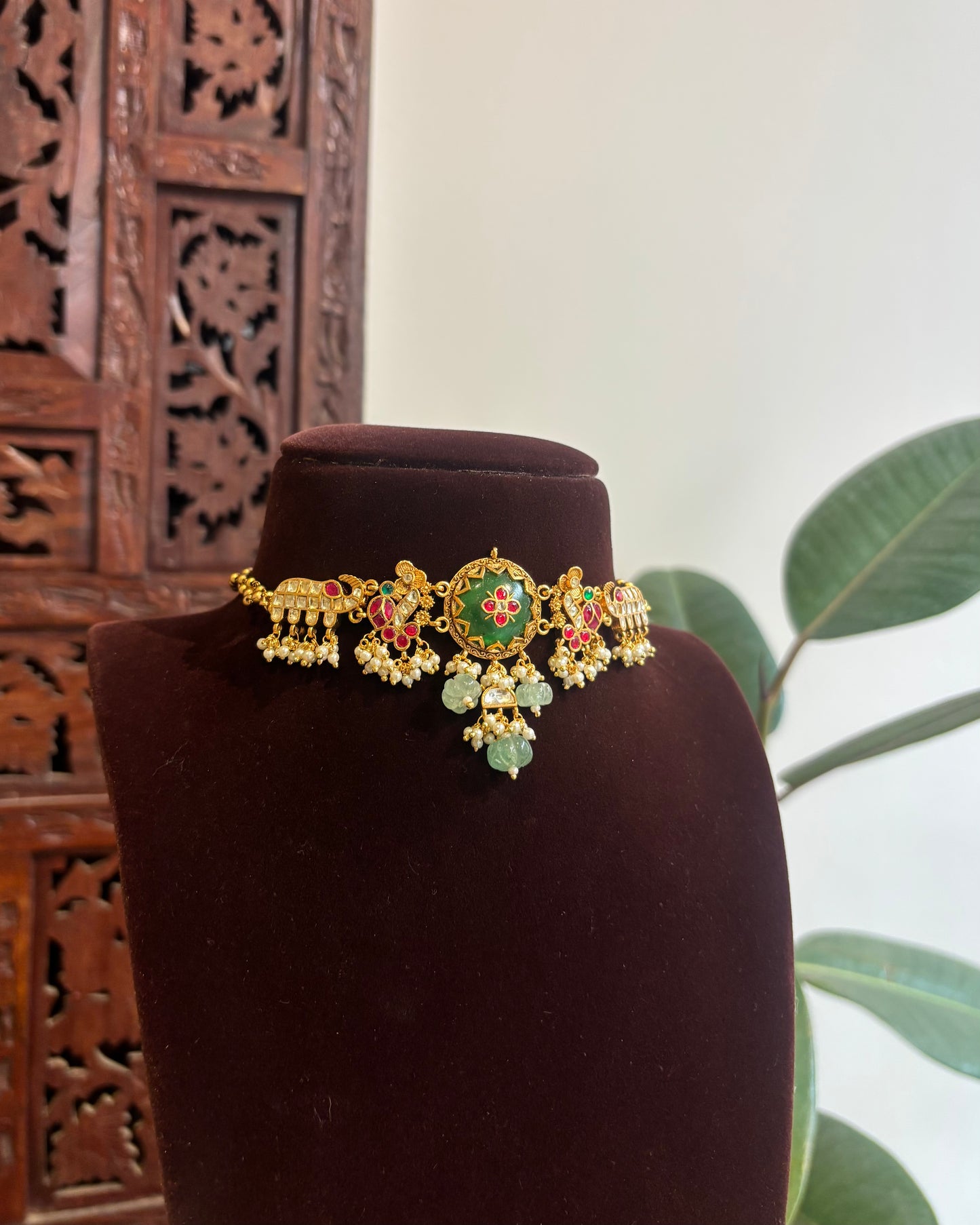 Vanam Kundan Gold-Plated Choker Set with Green Center Pendant | Varna Edit | NC288