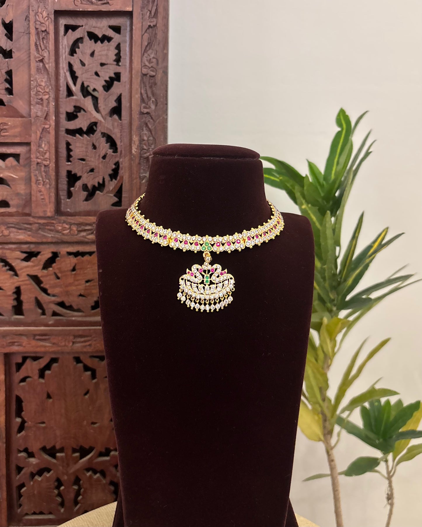 Floral Motif Impon Pendant Attigai Peacock Necklace With Earrings – Multi Colour| NC585