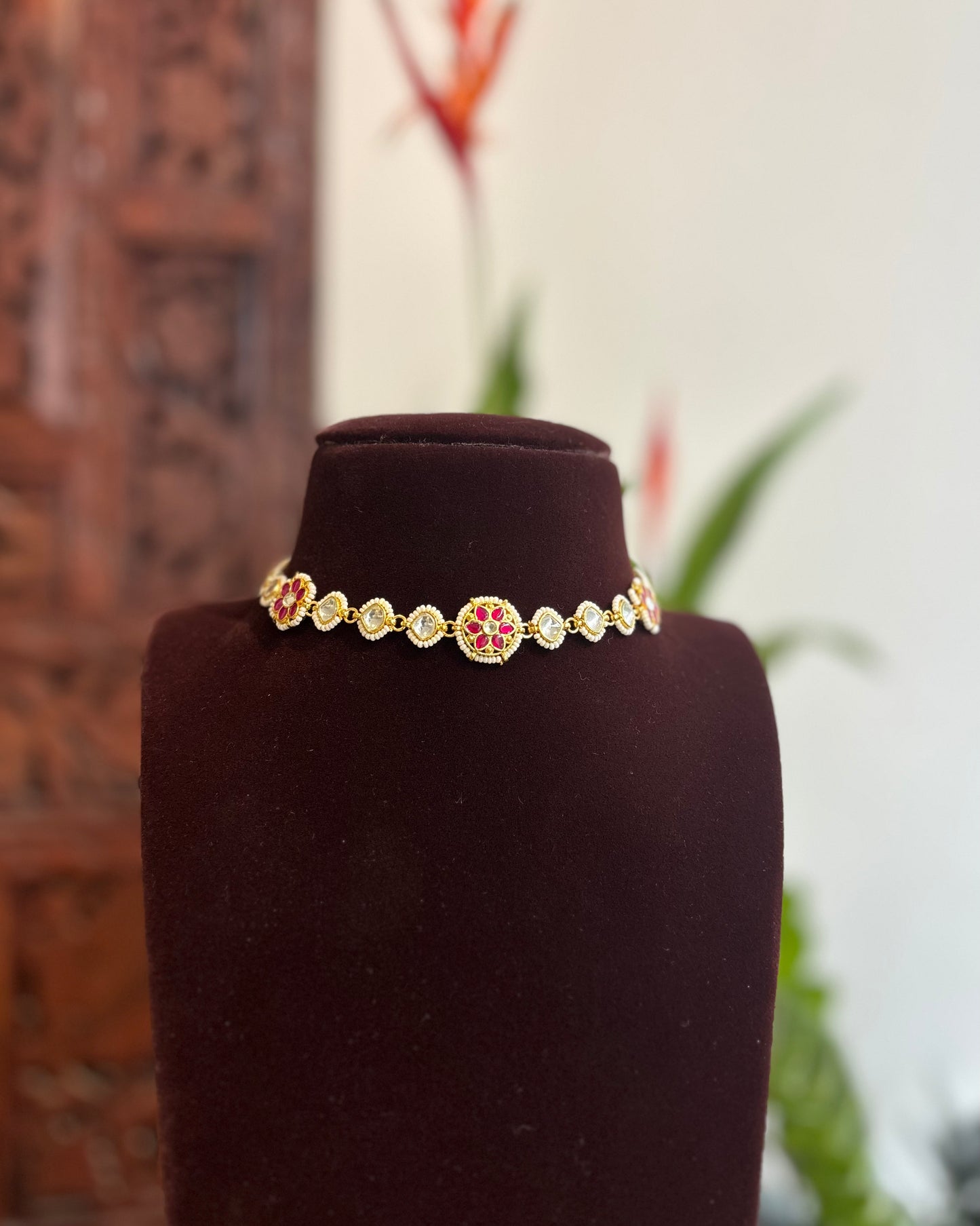 White and Pink Minimal Floral Kundan Choker | Handmade Gold Plated | NC178