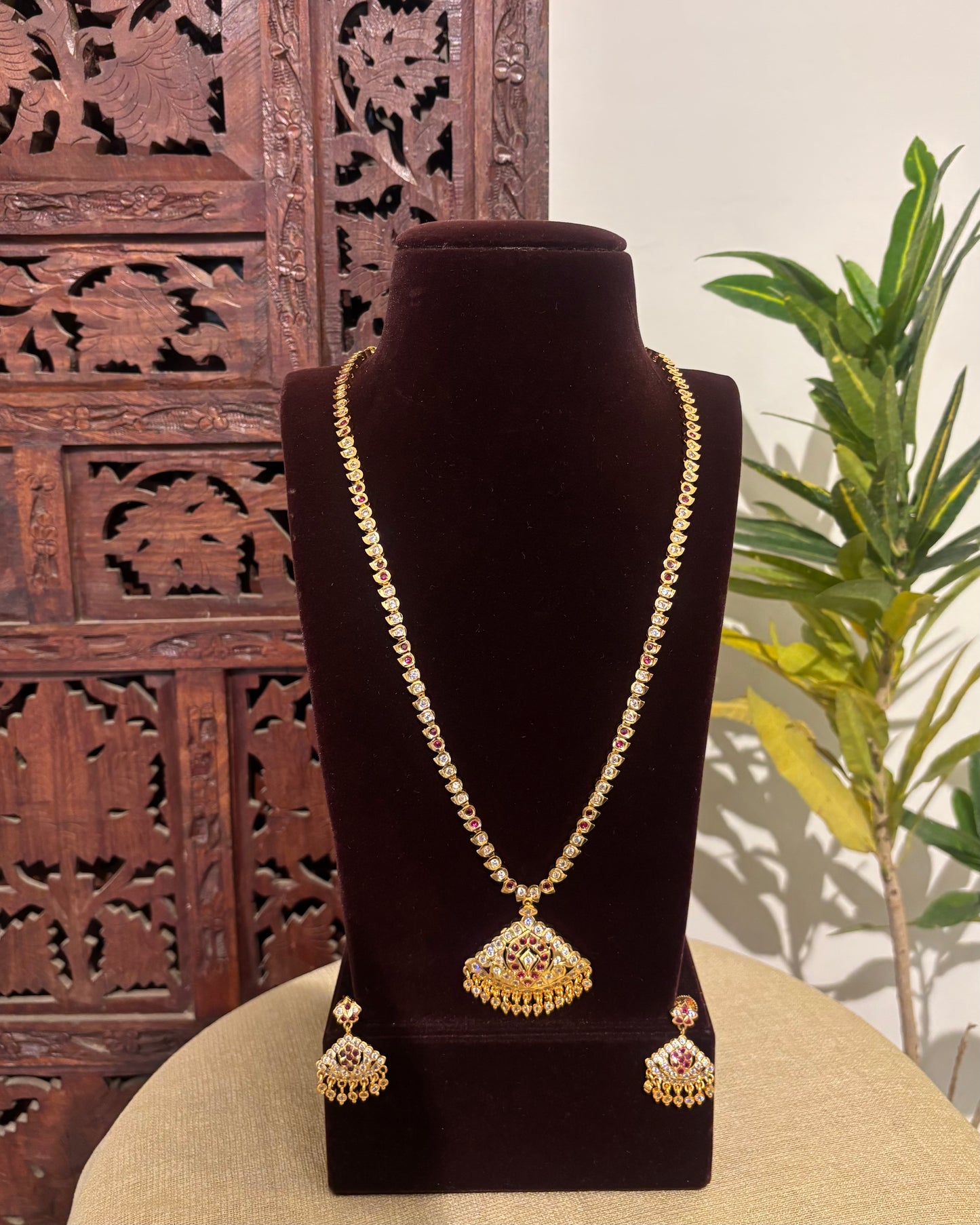 Floral Motif Impon Pendant Attigai Peacock Necklace With Earrings – Multi Colour | NC591