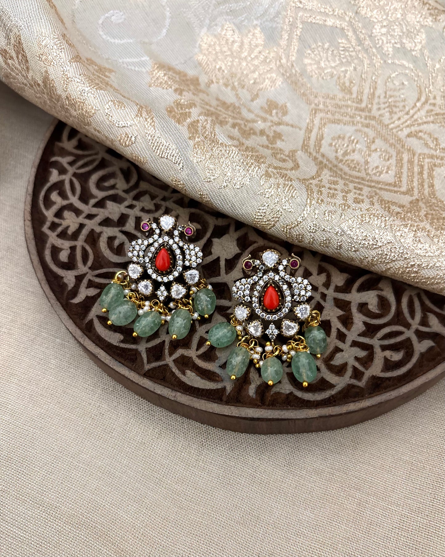 Peacock Kanti Necklace Set with Moissanite Drop Accents and Matching Earrings | NC107