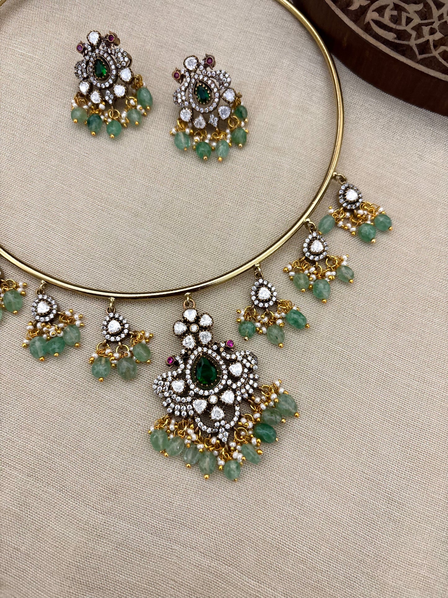 Peacock Kanti Necklace Set with Moissanite Drop Accents and Matching Earrings | NC108