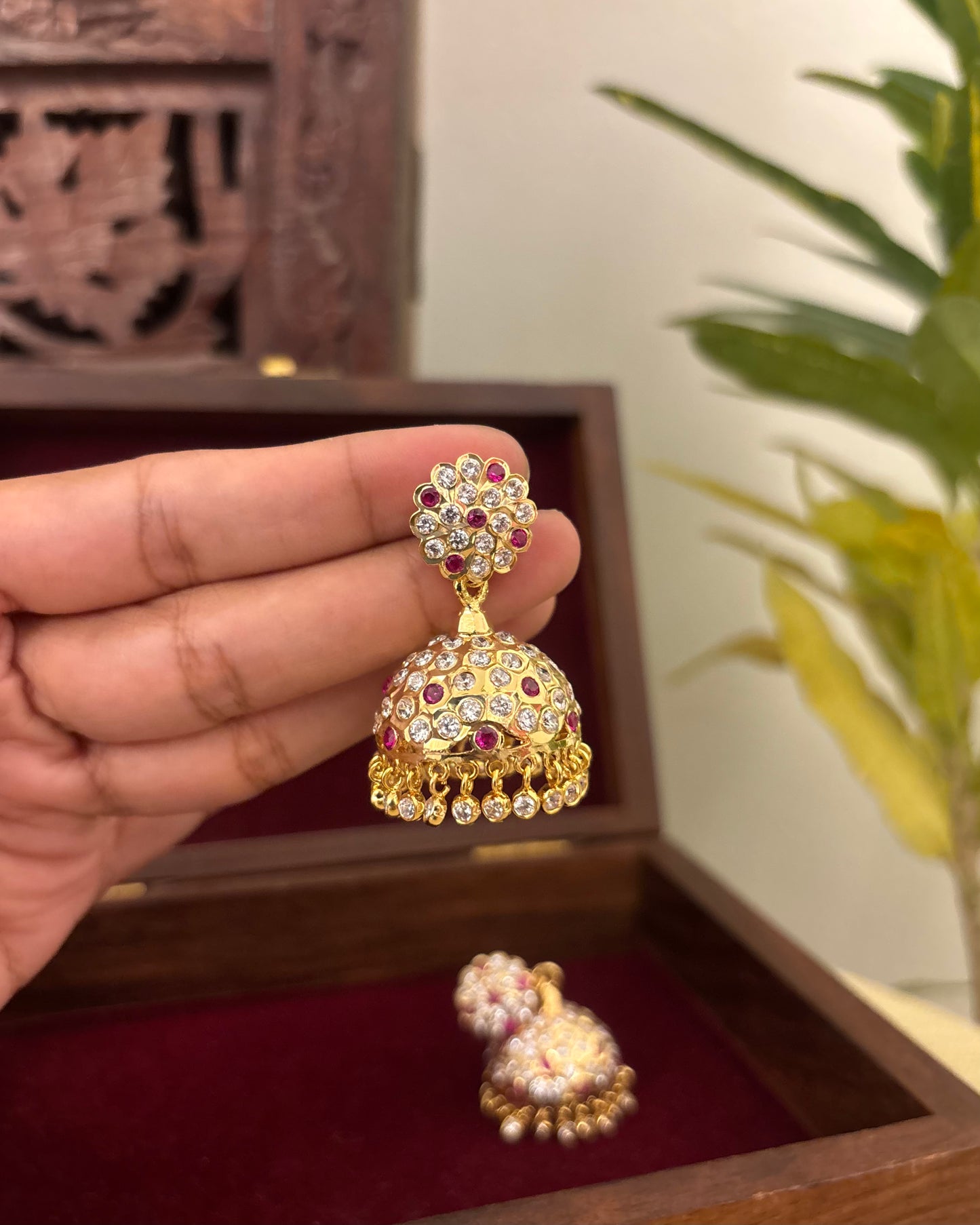 Vintage Impon Small Earrings – Classic Jhumkas | Ruby and White | ER356