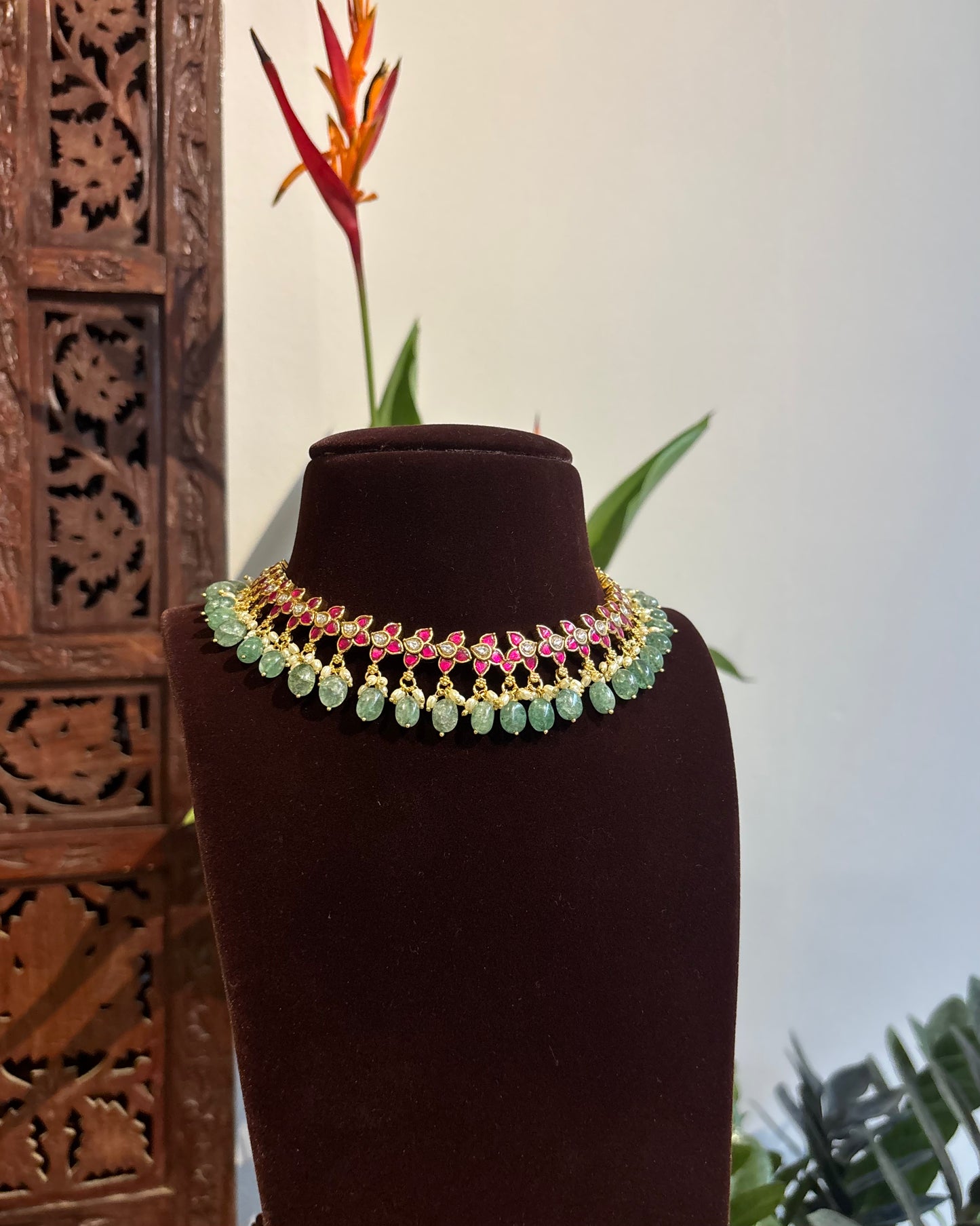 Pink White Kundan Choker Set with Earrings – Minimal Statement | NC190