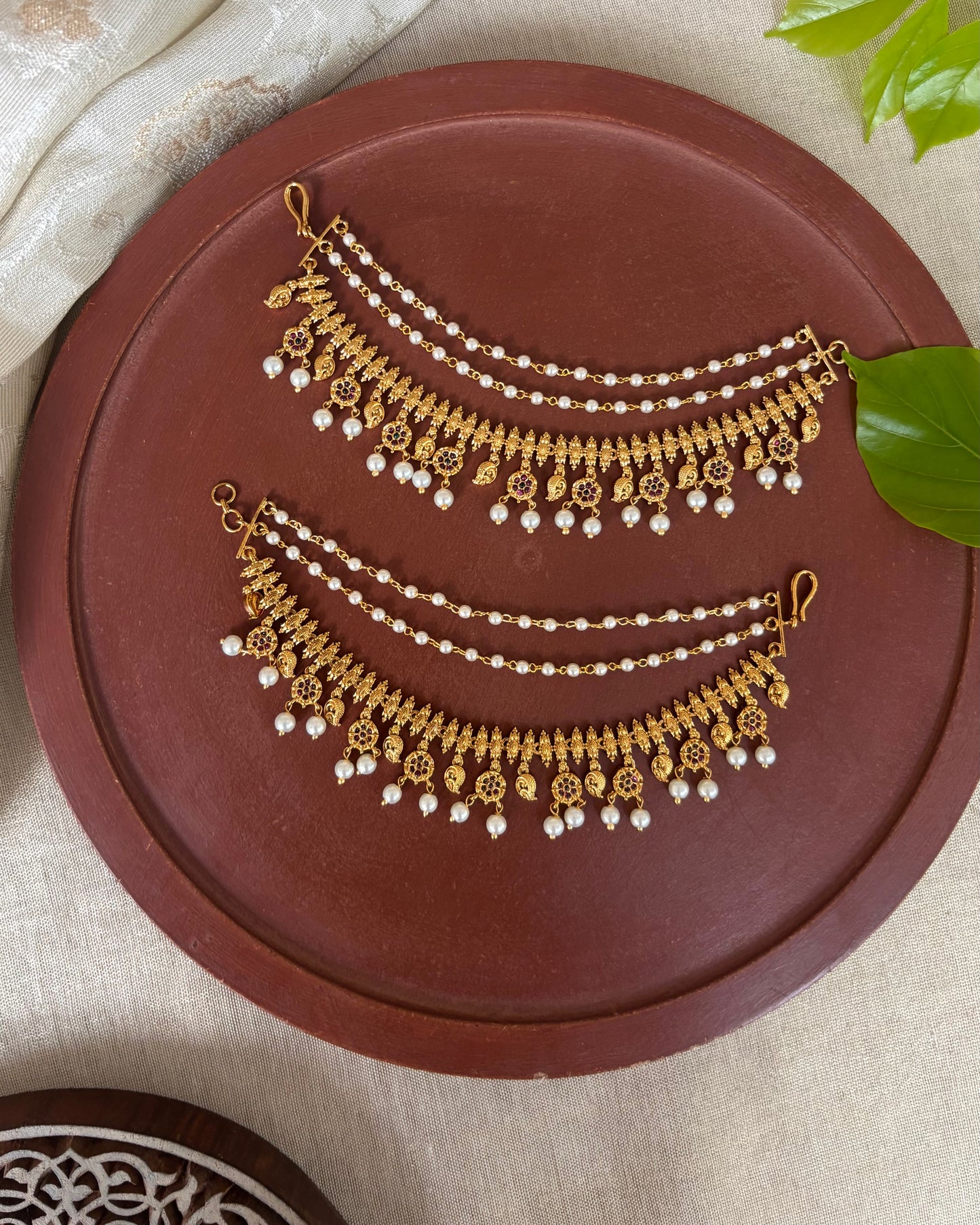 Gold Finish Pearl Three-Layer Ear Chain | EC160