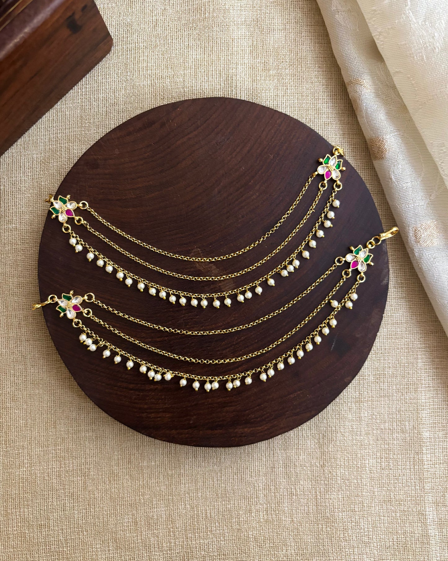 Lotus Minimal 3-Layer Pearl Kundan Ear Chain | EC090