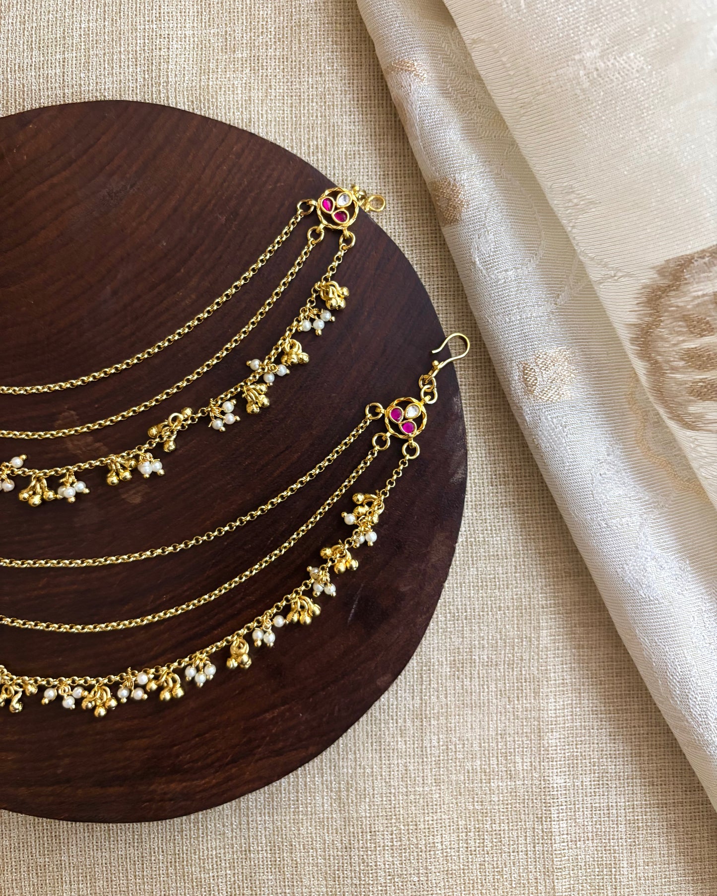 Minimal 3-Layer Gold Plated Kundan Ear Chain | EC089