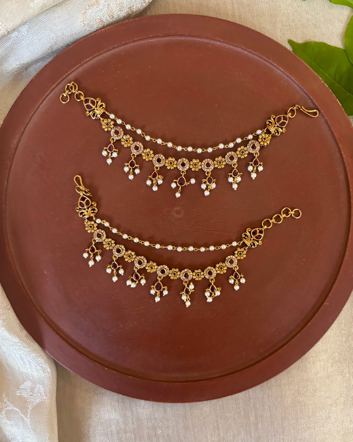 Gold Finish Pearl Two-Layer Ear Chain | EC163