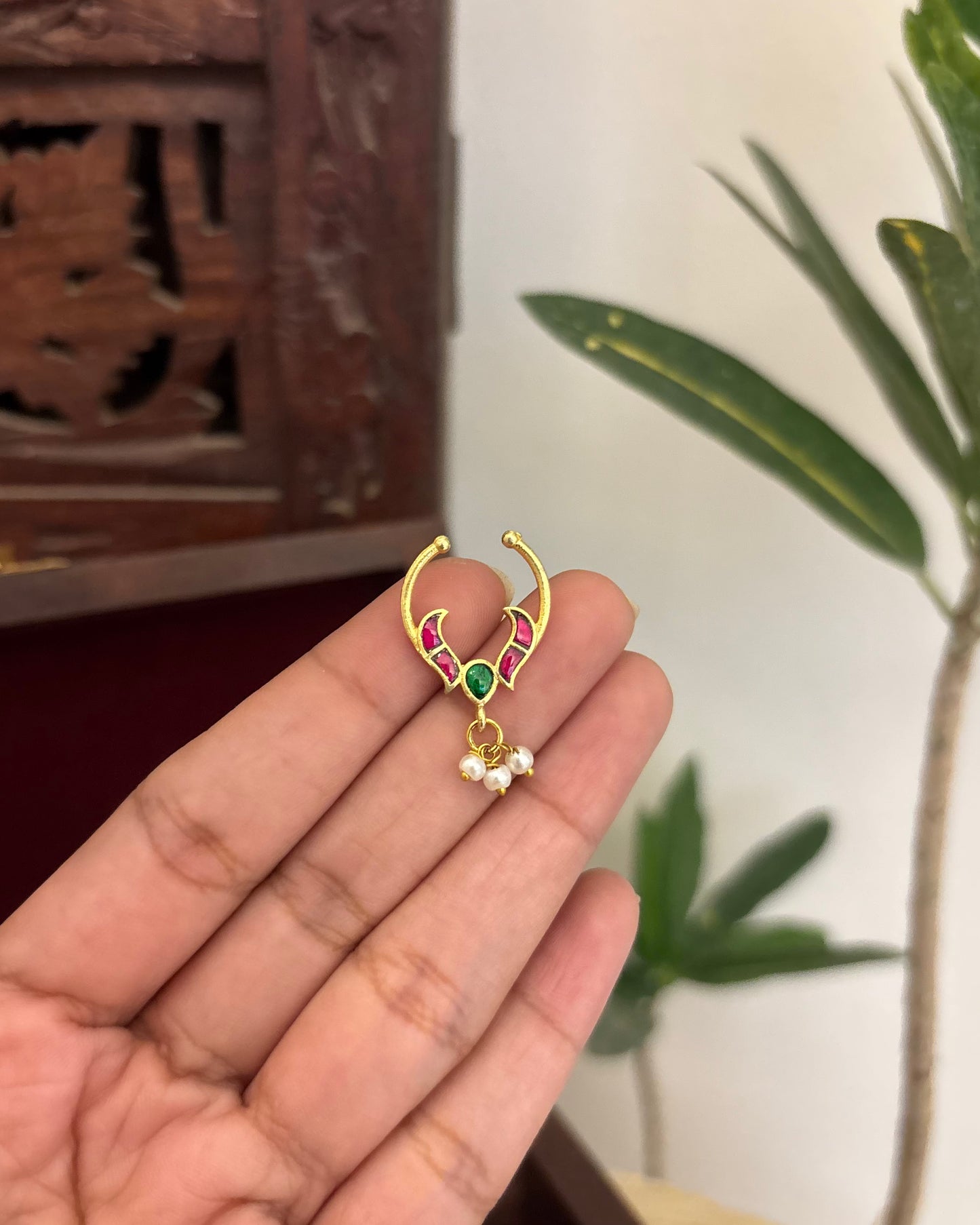 Floral Clip On Septum Nosepin | Ruby & Green | NP136