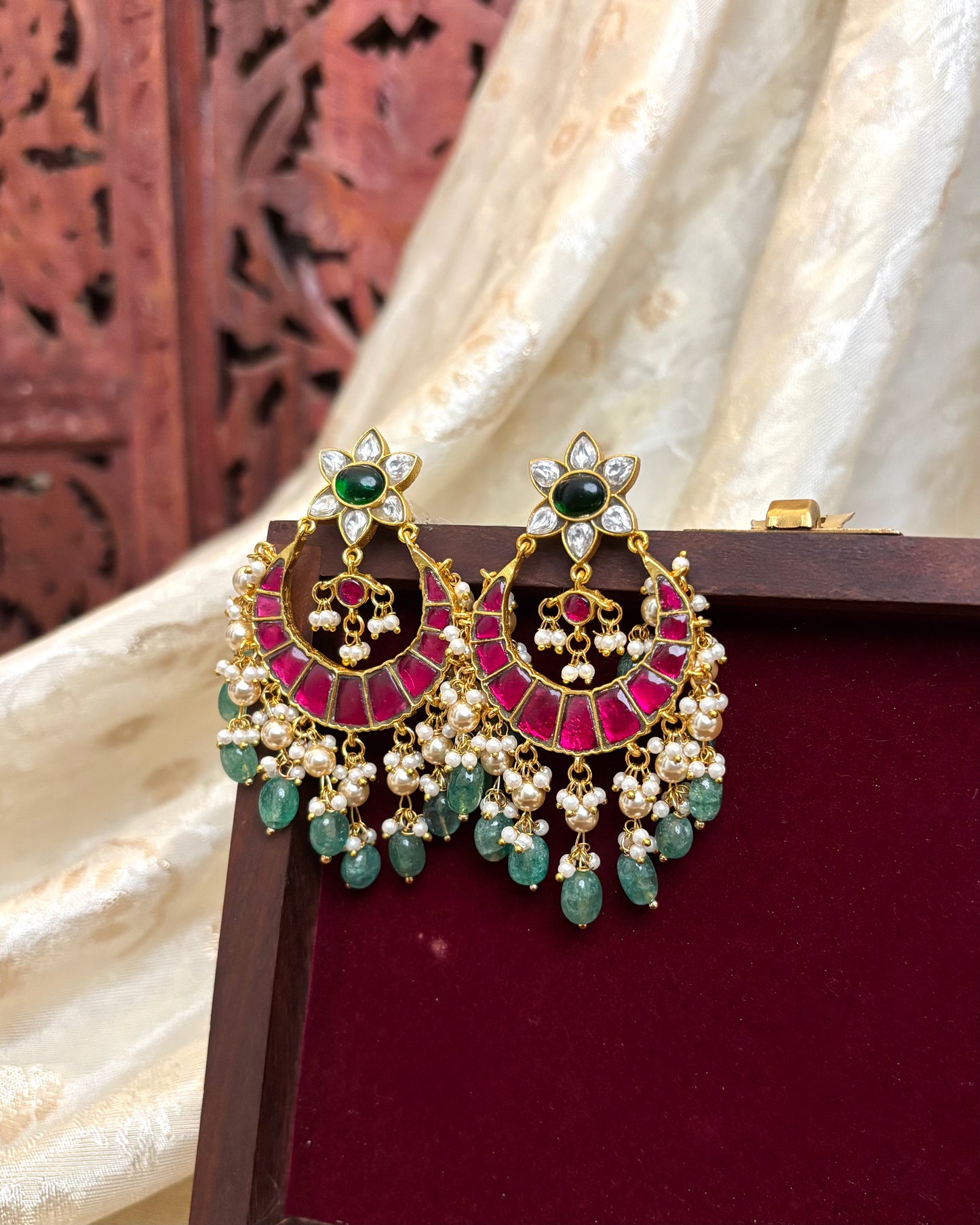 Bridal Jadau Kundan Chandbali Earrings with Pearls & Strawberry Beads | ER085