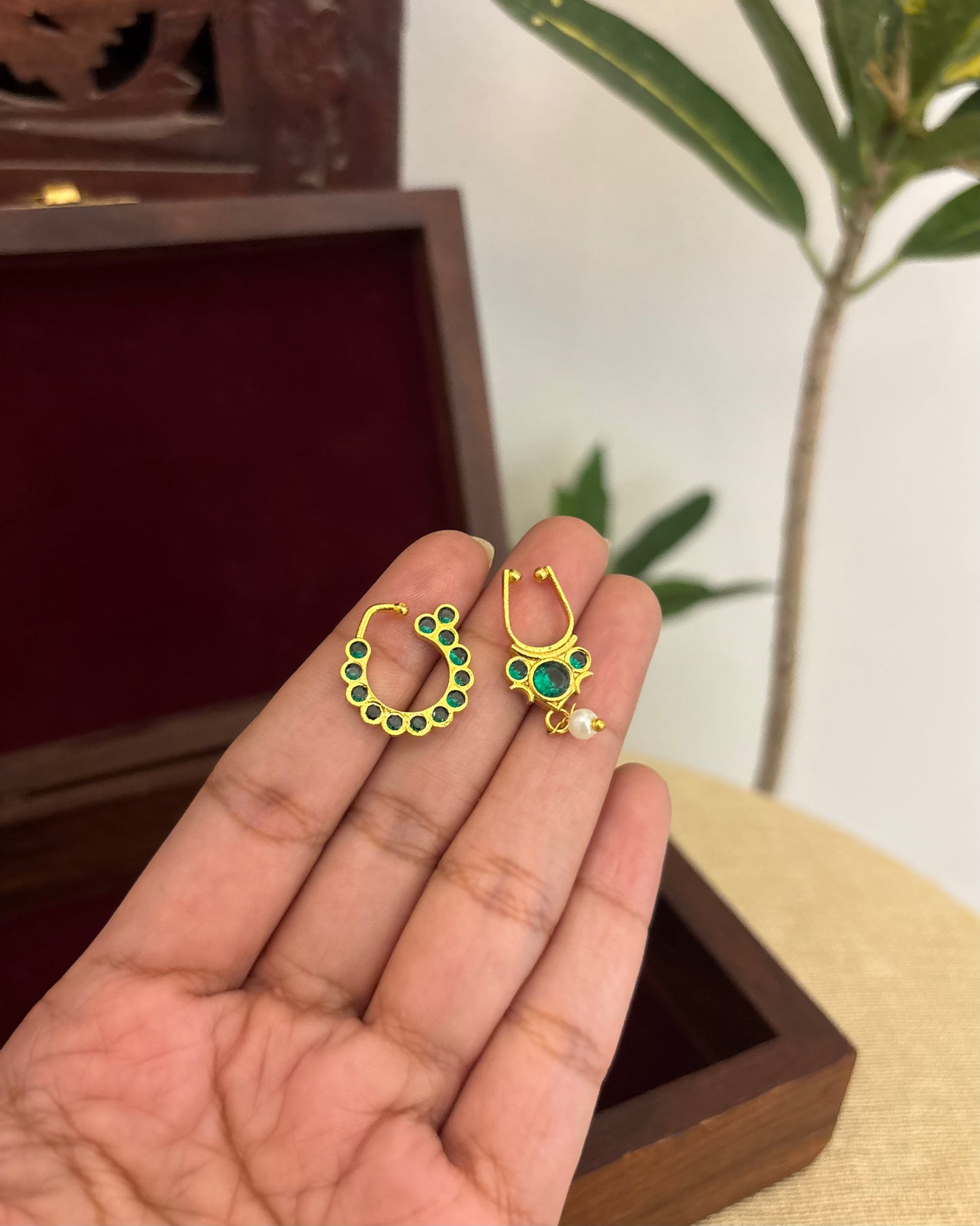 Floral Clip On Septum Nosepin | Ruby & Green | NP138