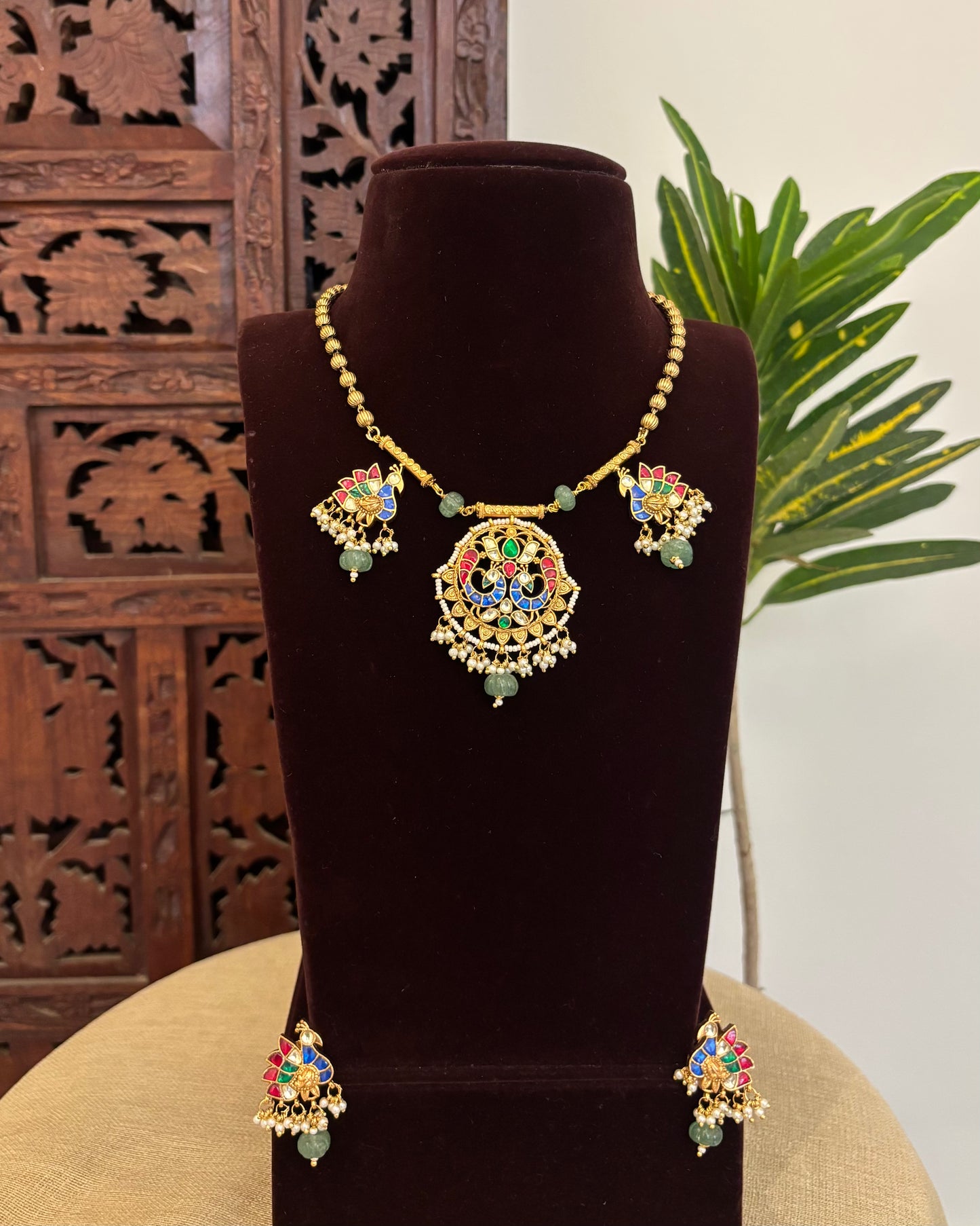 Jadau Kundan Statement Necklace with Peacock Pendant & Earrings | NC604
