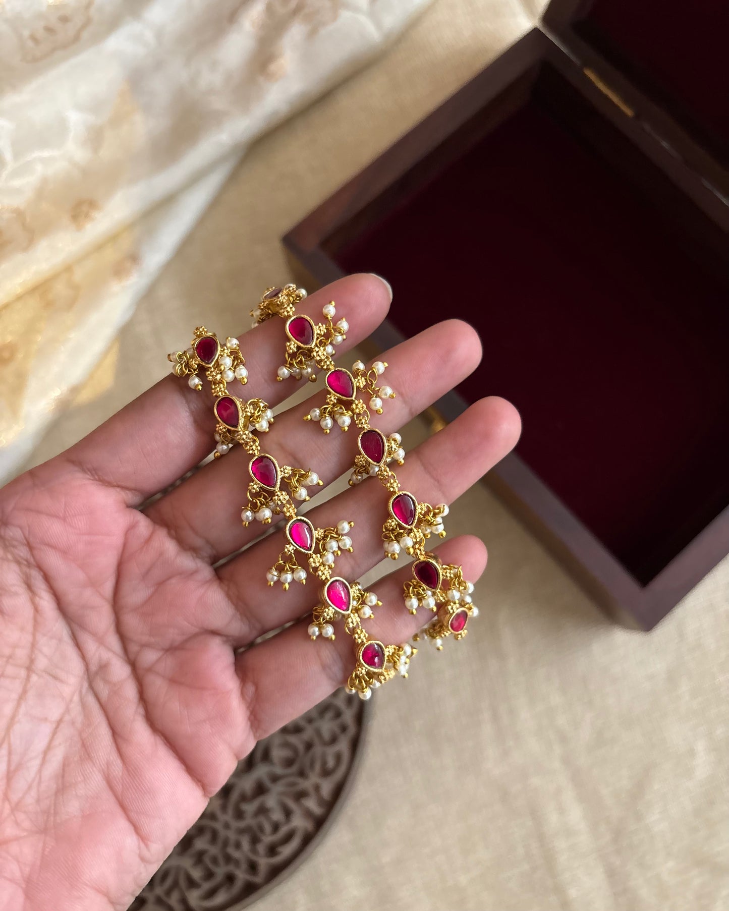 Minimal Jadau Kundan Straight Ear Chain – Ruby | EC106