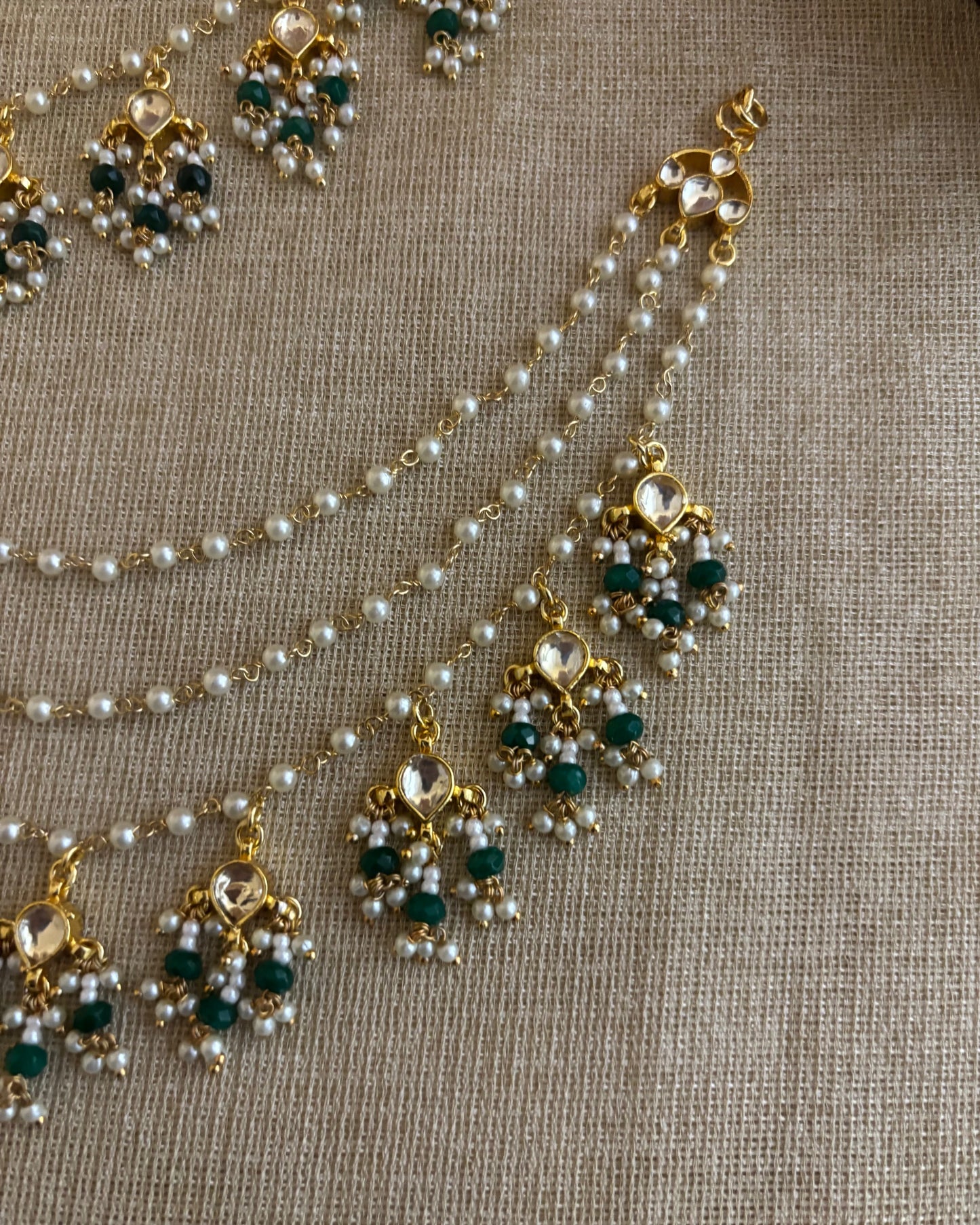 Three Layer Gold Plated Pearl Kundan Earchains | EC099