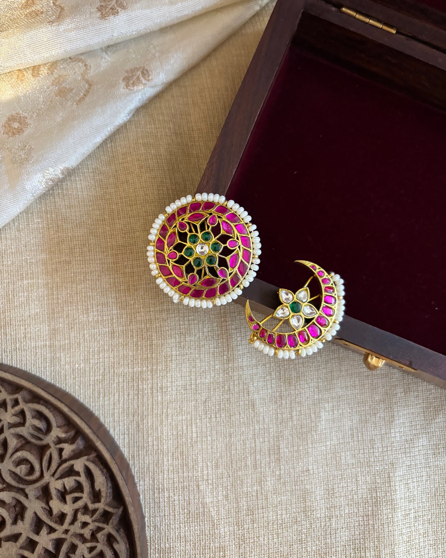 Jadau Kundan Sun & Moon Hair Accessory – Gold Plated Traditional Set | HA199