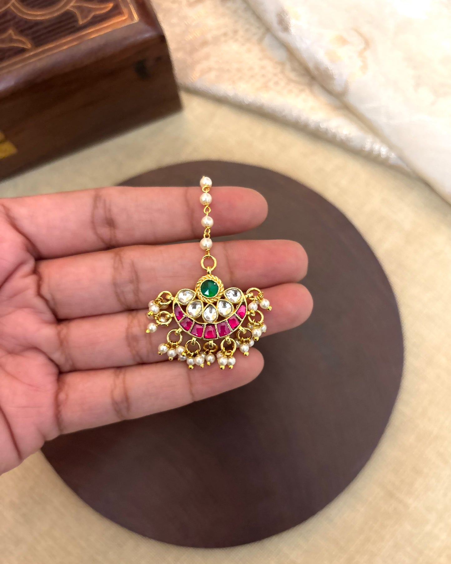 Jadau Kundan Floral Maang Tikka with Pearl Chain | MT091