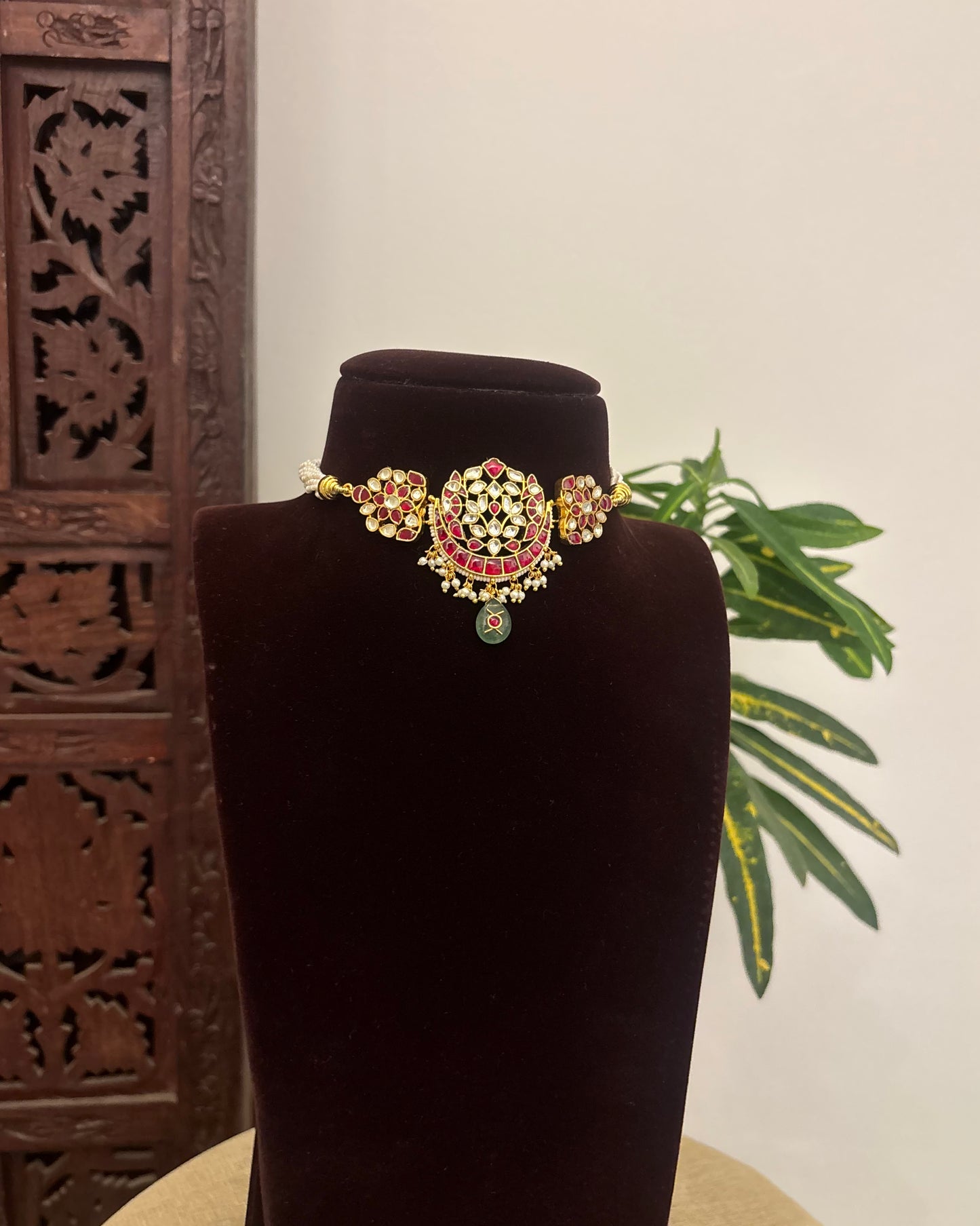 Ruby & white Floral Kundan Choker with Earrings | Gold Plated | NC622