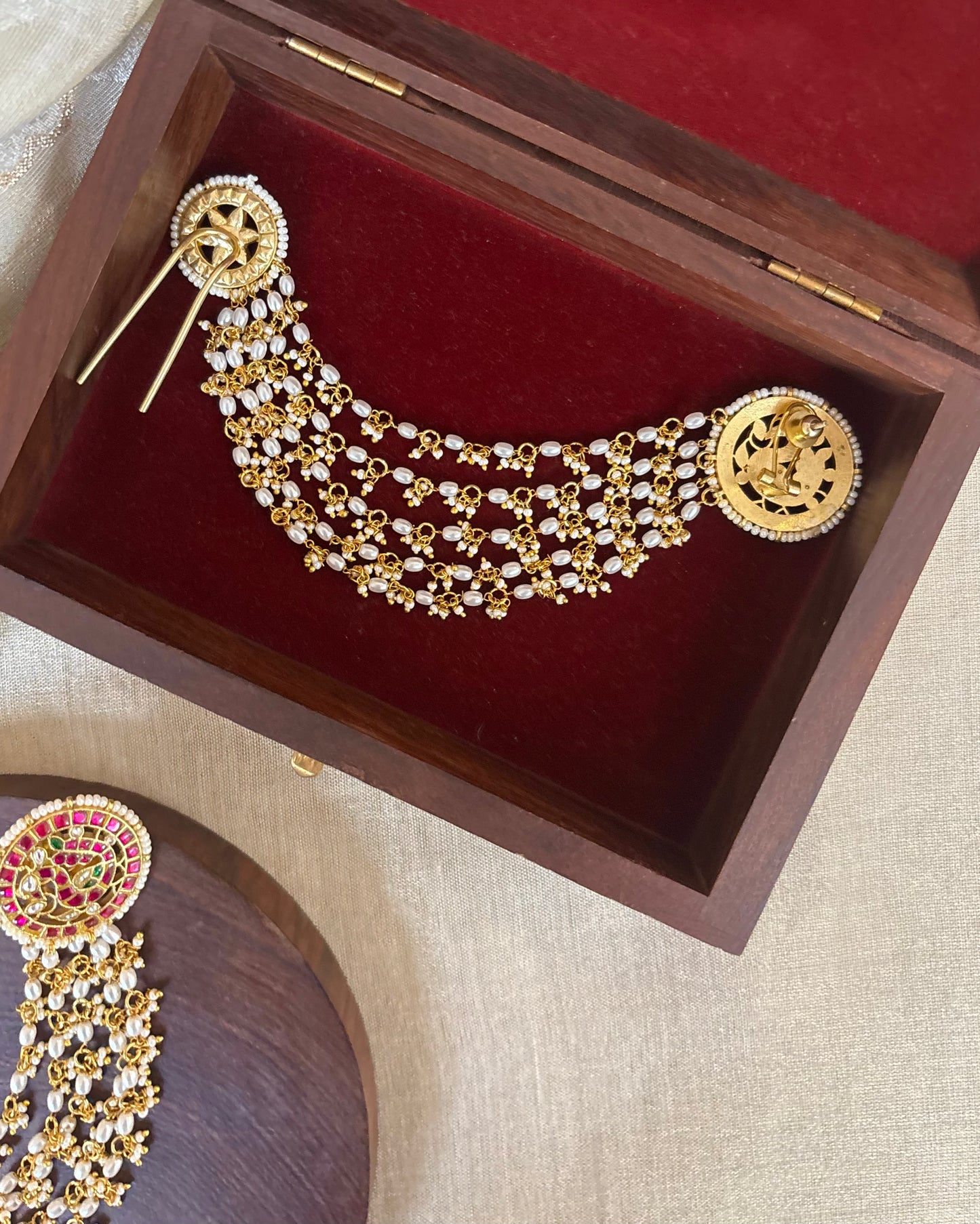 Multicolor Floral Jadau Kundan Earrings with Pearl Ear Chain | ER315