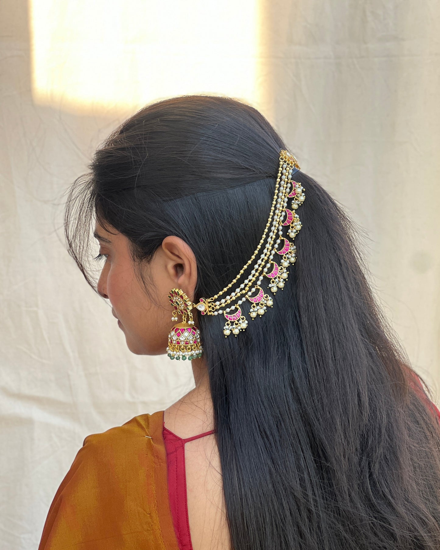 Chandbali-Inspired Pink & Gold Kundan Pearl Four Layer Ear Chain | EC016