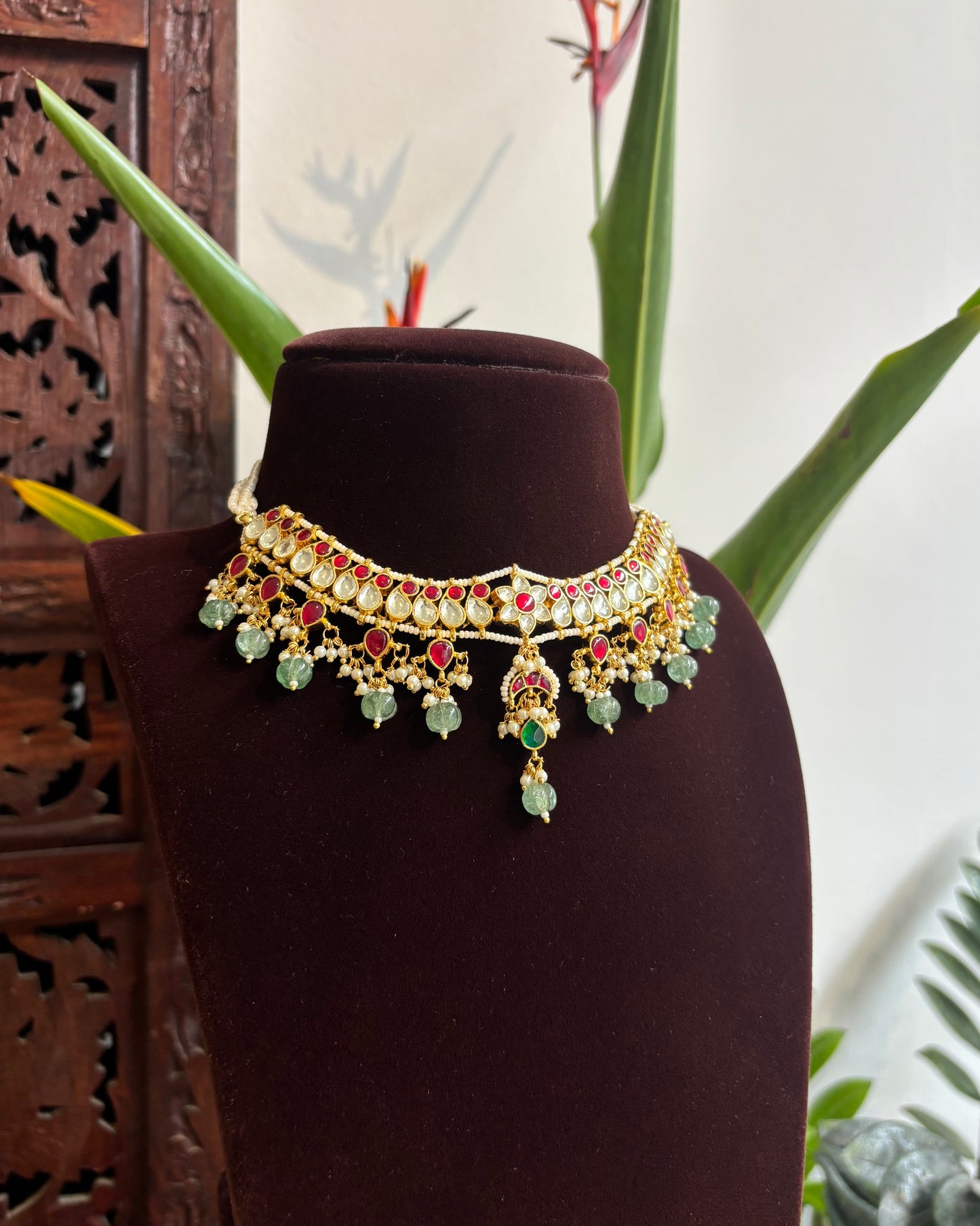 Kundan Pearl Mango Motif Choker Set – Ruby & White Gold-Plated Necklace with Earrings | NC198