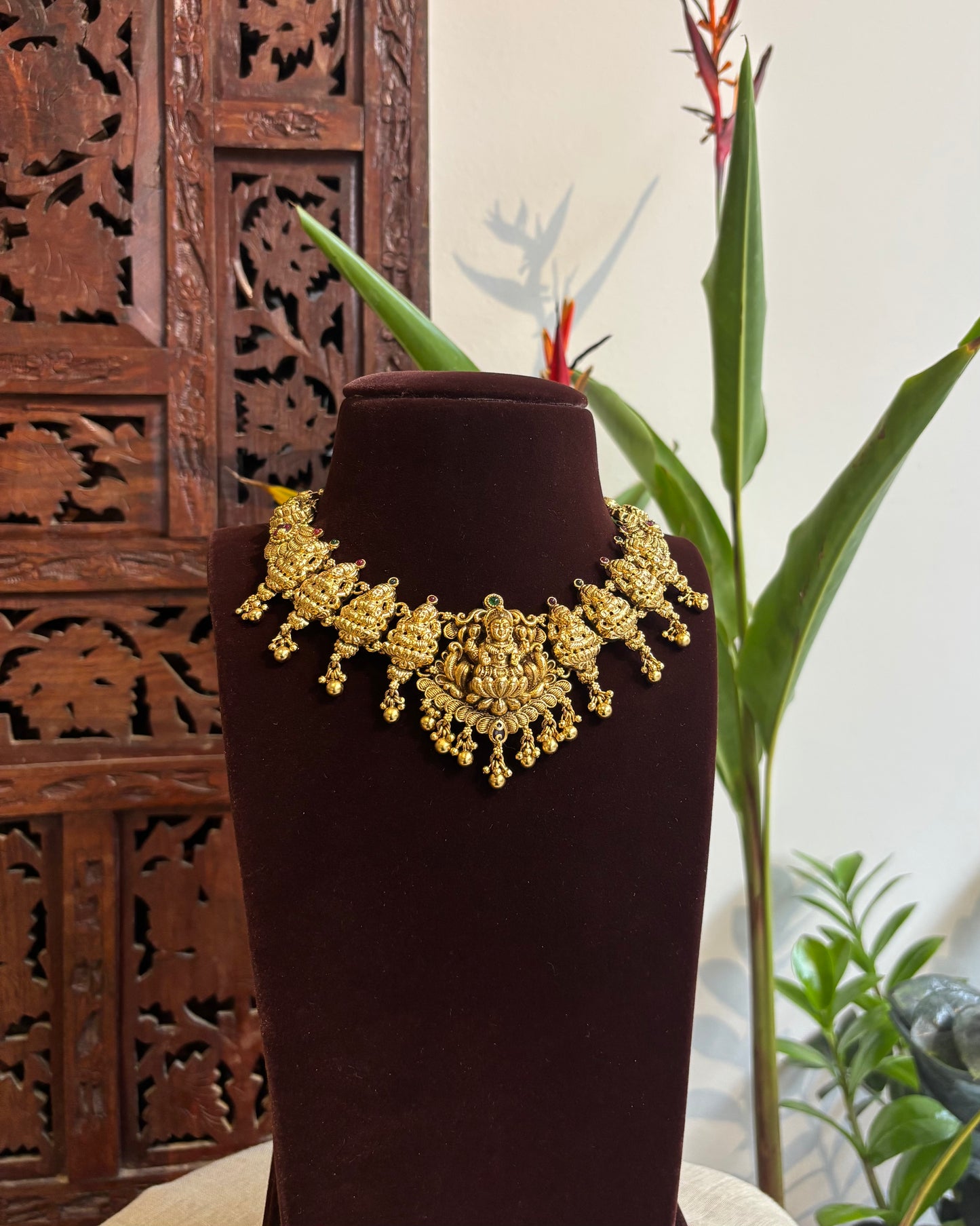 Lakshmi Gold-Finish Temple Necklace Set with Earrings | NC201