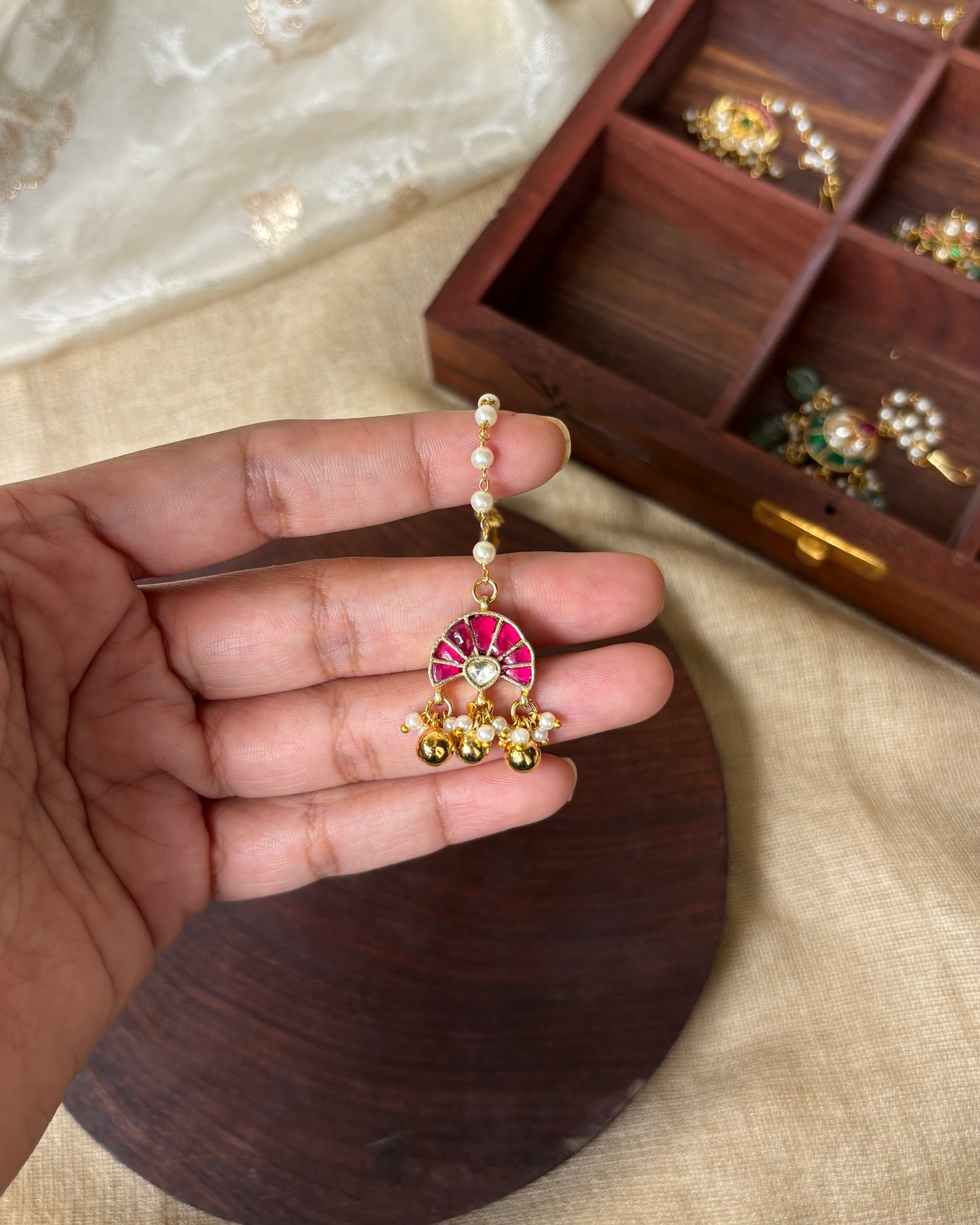 Minimal Jadau Maang Tikka | Pink and White | Lightweight Gold Plated | MT057