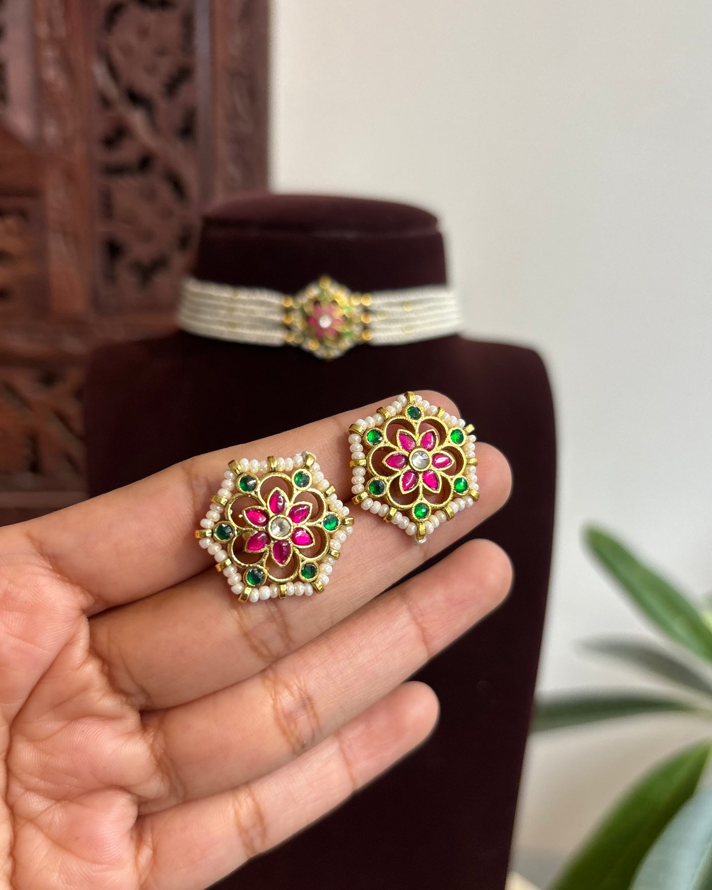 Multi-Color Floral Kundan Choker with Earrings| Handmade Gold Plated | NC424