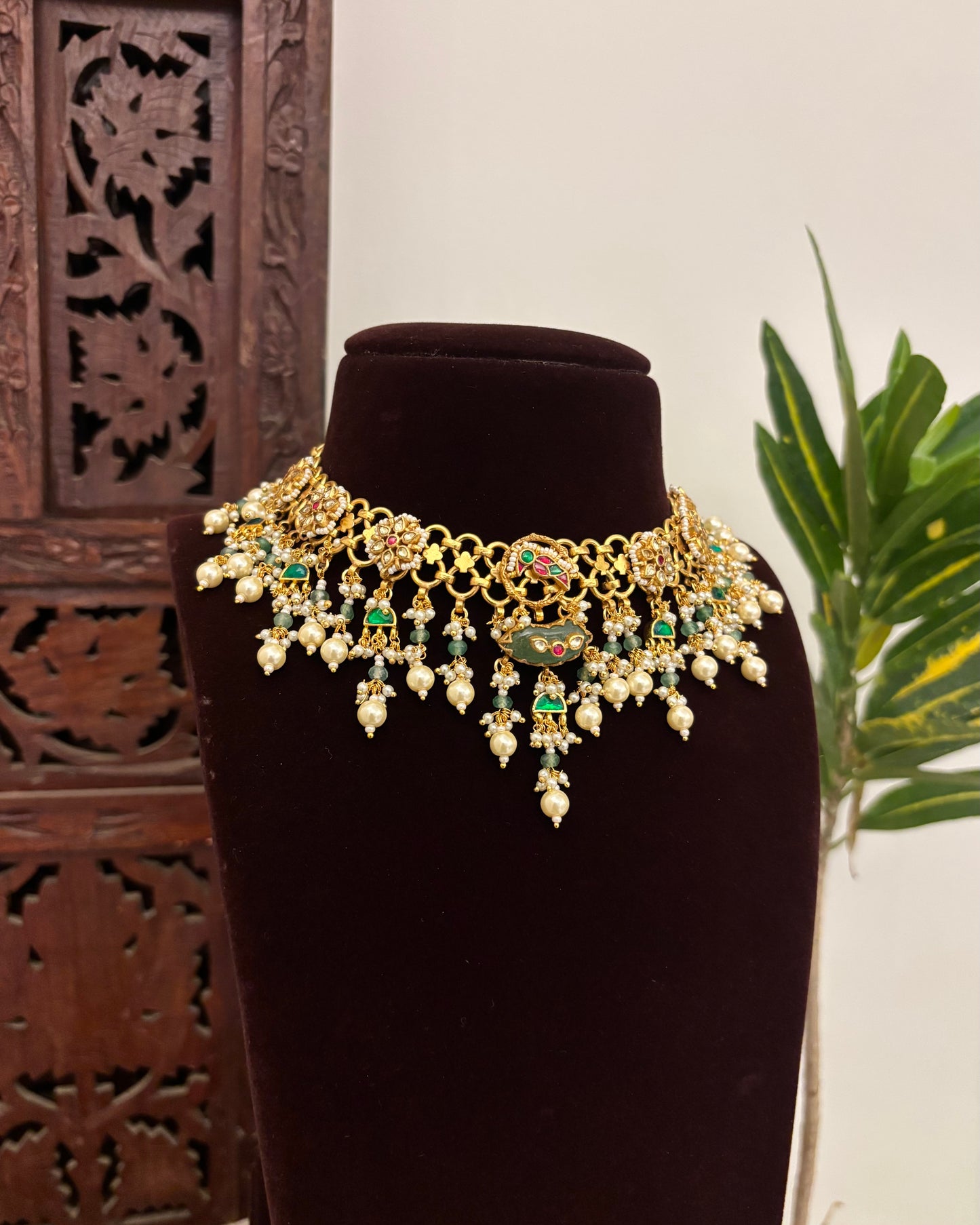 Contemporary Kundan Statement Necklace with Earrings | Gold Finish | NC631