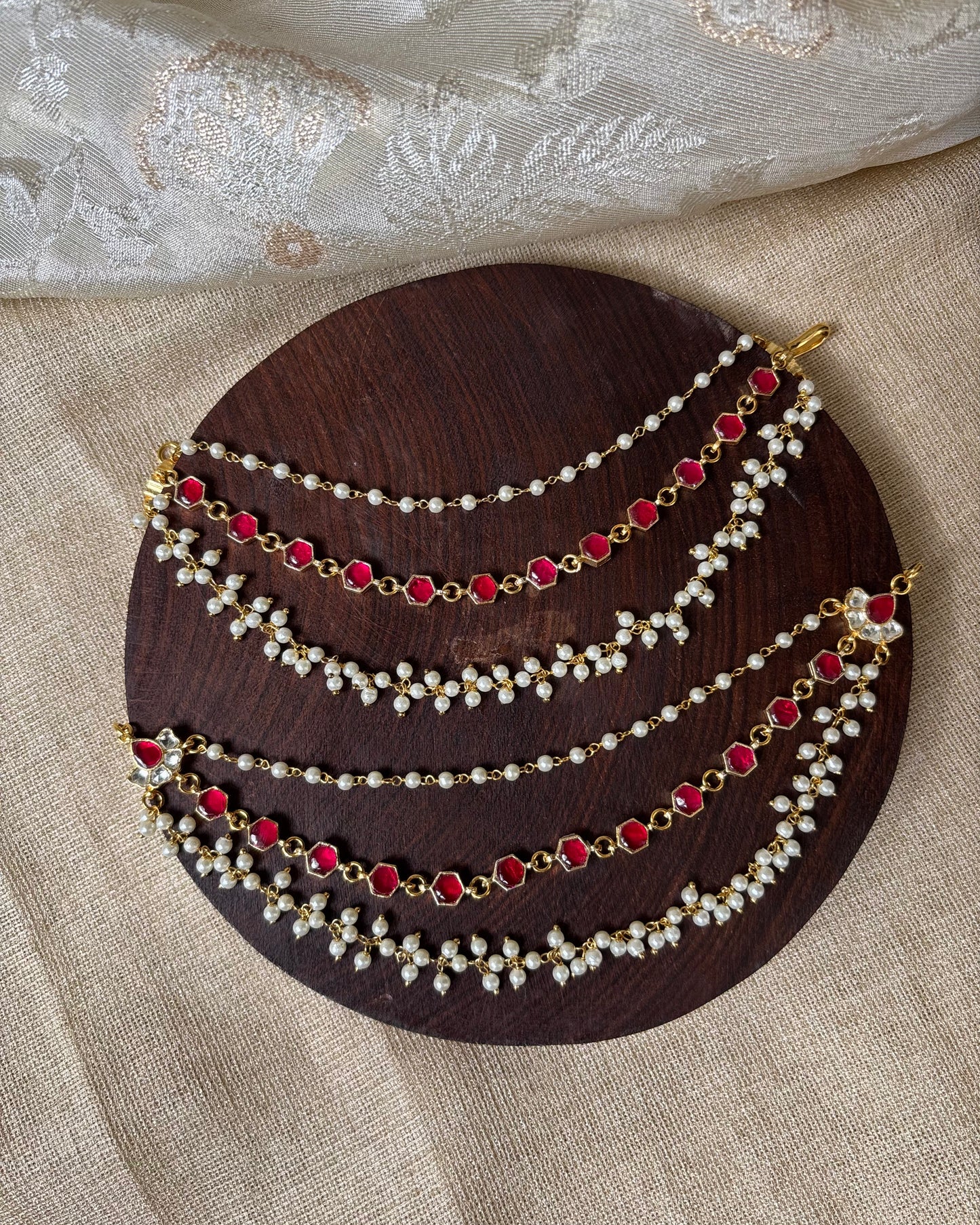 Minimal Jadau Kundan Three-Layer Pearl Ear Chain – Ruby & White | EC042