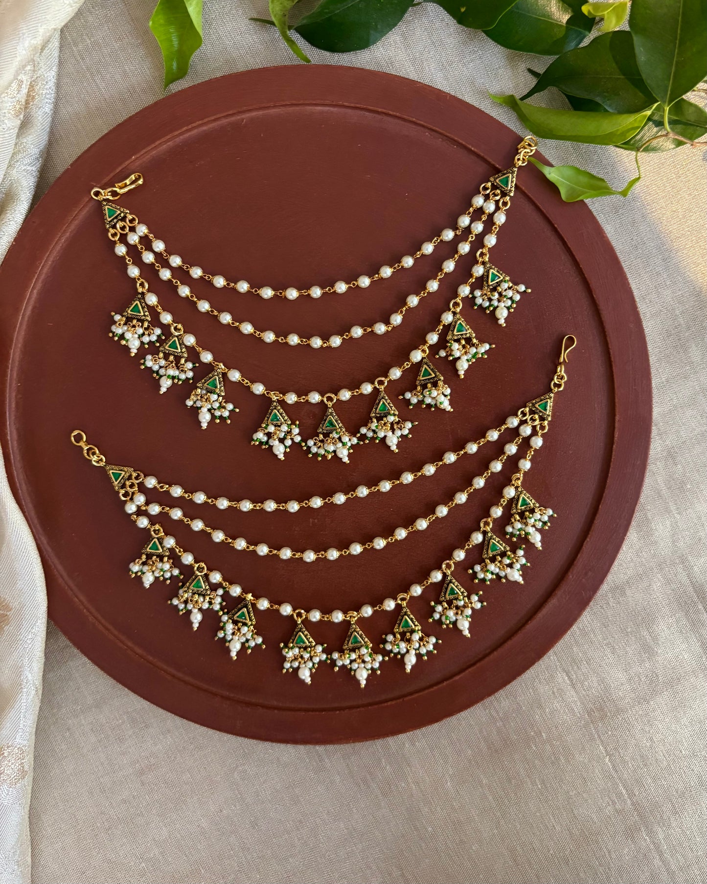 Green Gold Plated Jadau Kundan Ear Chain | EC124