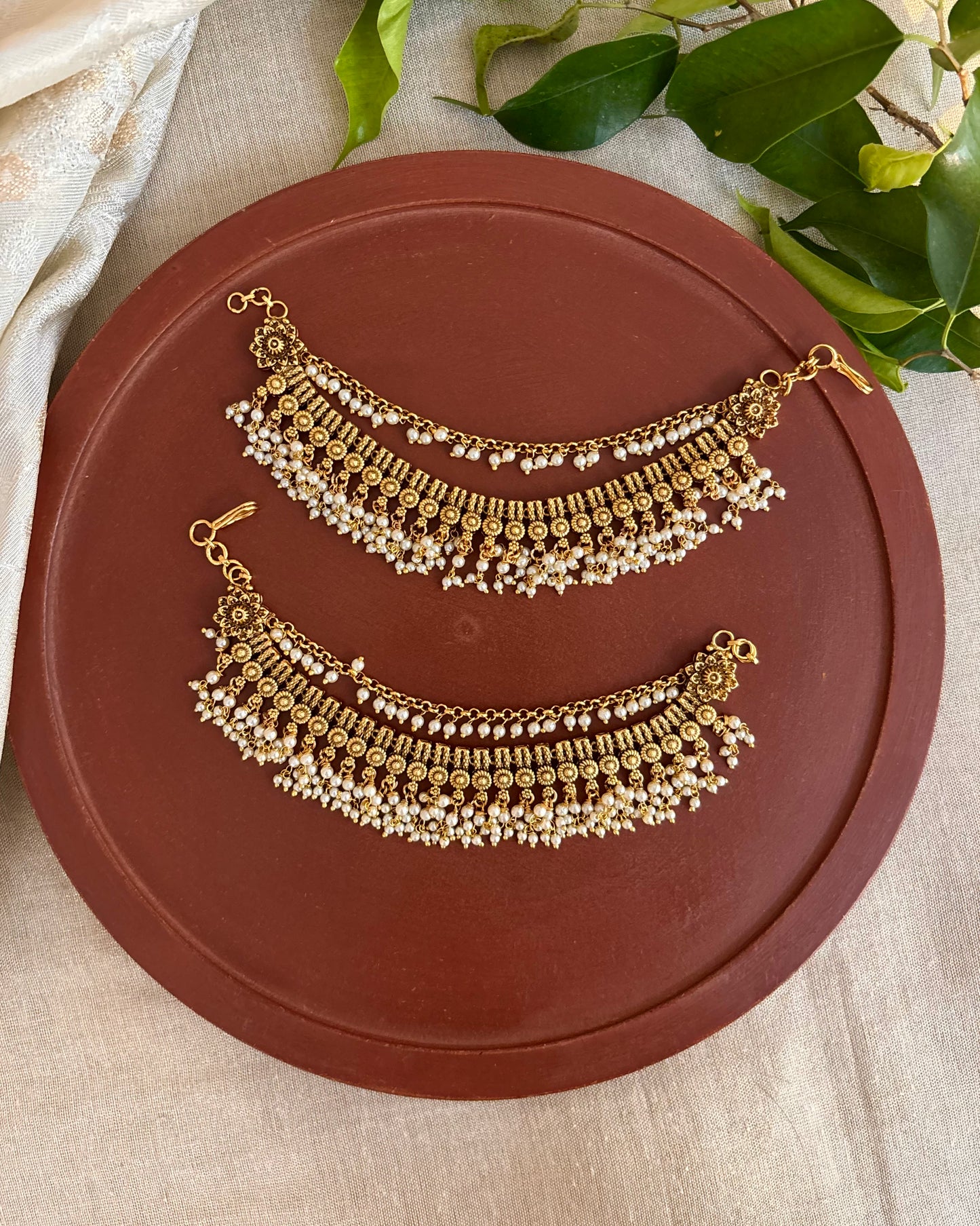 Gold Finish Pearl Three-Layer Ear Chain | EC122