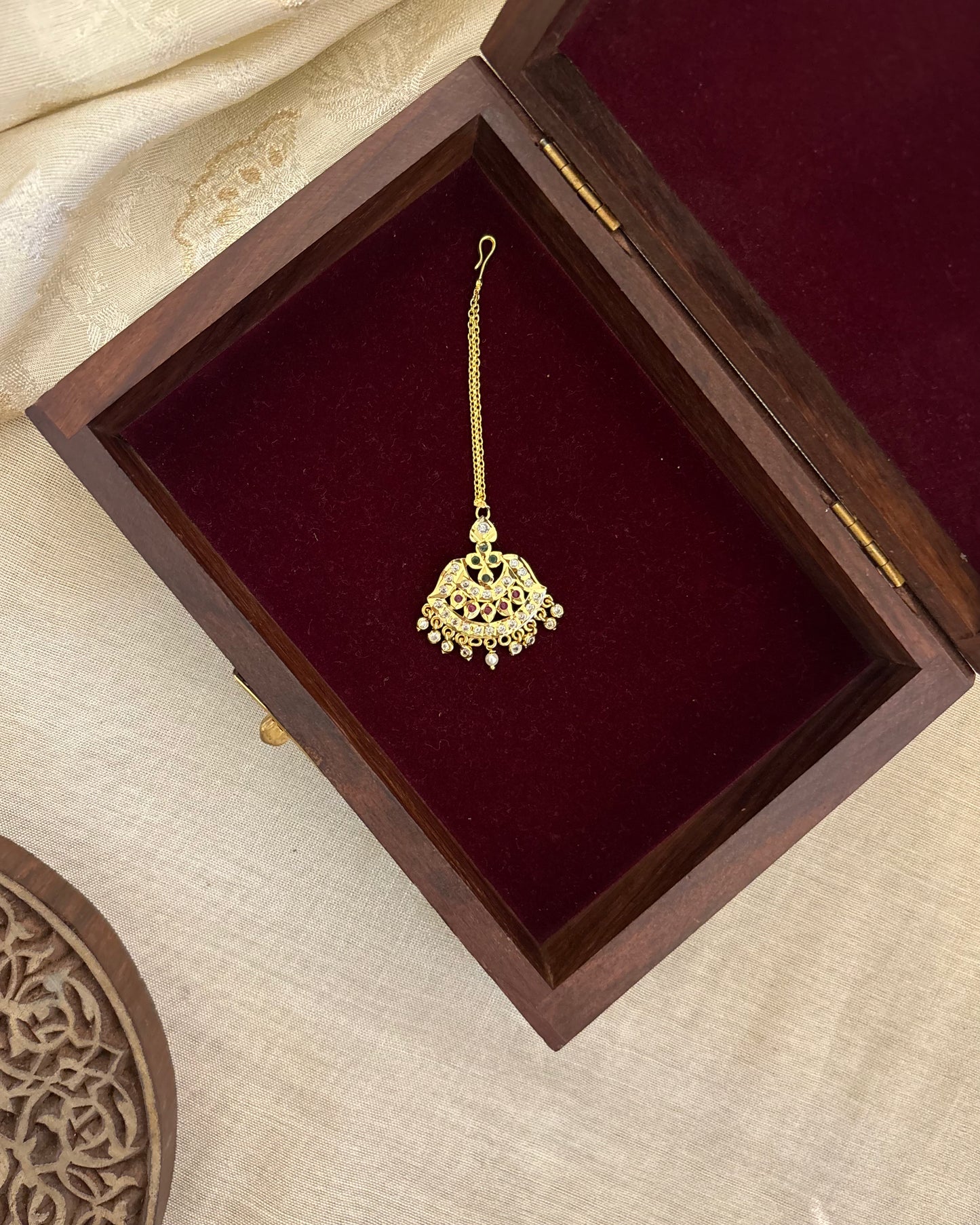 Vintage Impon Floral Maang Tikka | Ruby & White | MT308