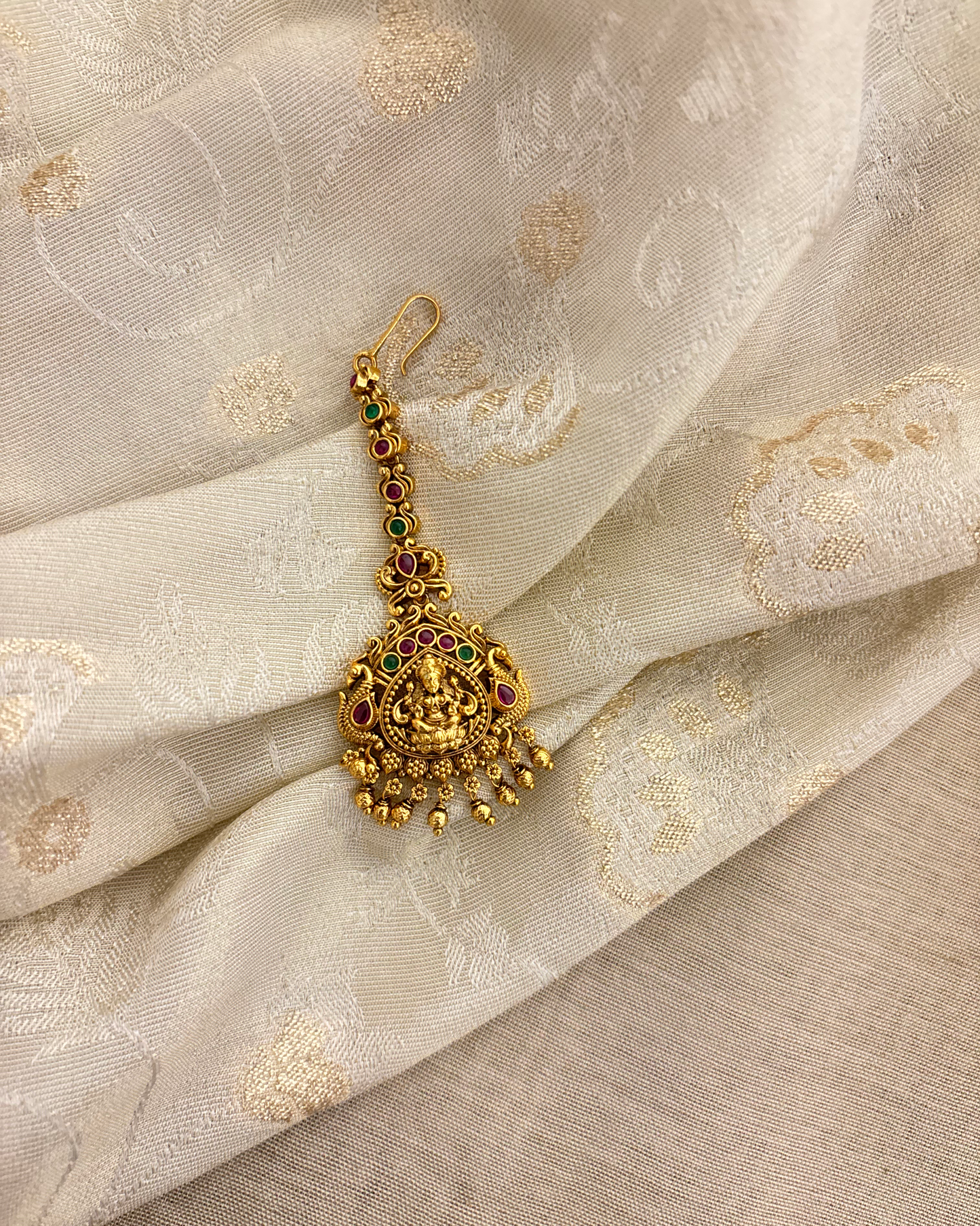 Antique Lakshmi Motif Maang Tikka | Ruby & Green | MT315